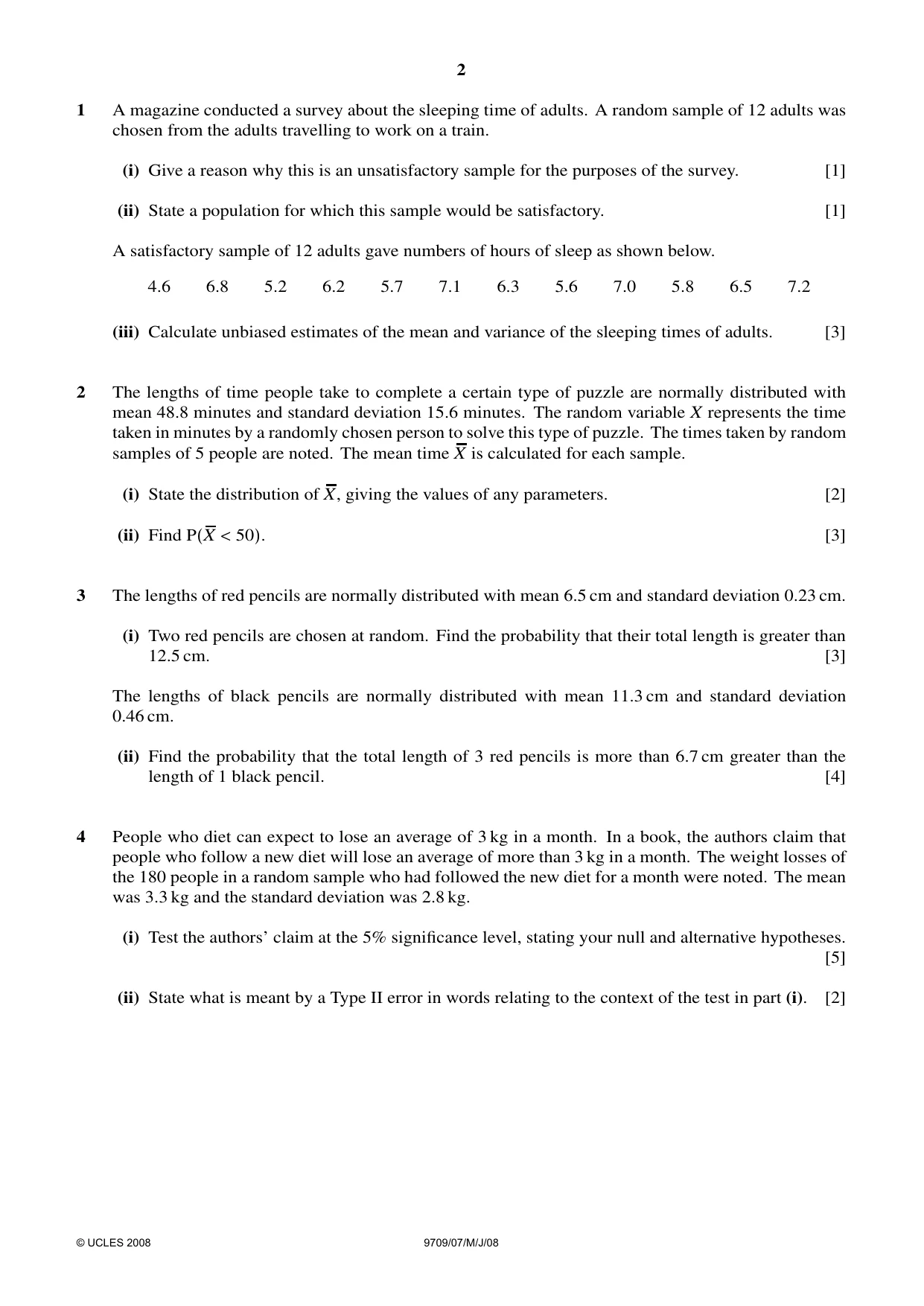 Cambridge A Level Mathematics 9709 2008 May/June Paper 7 · Variant 1 question paper, page 2 of 4