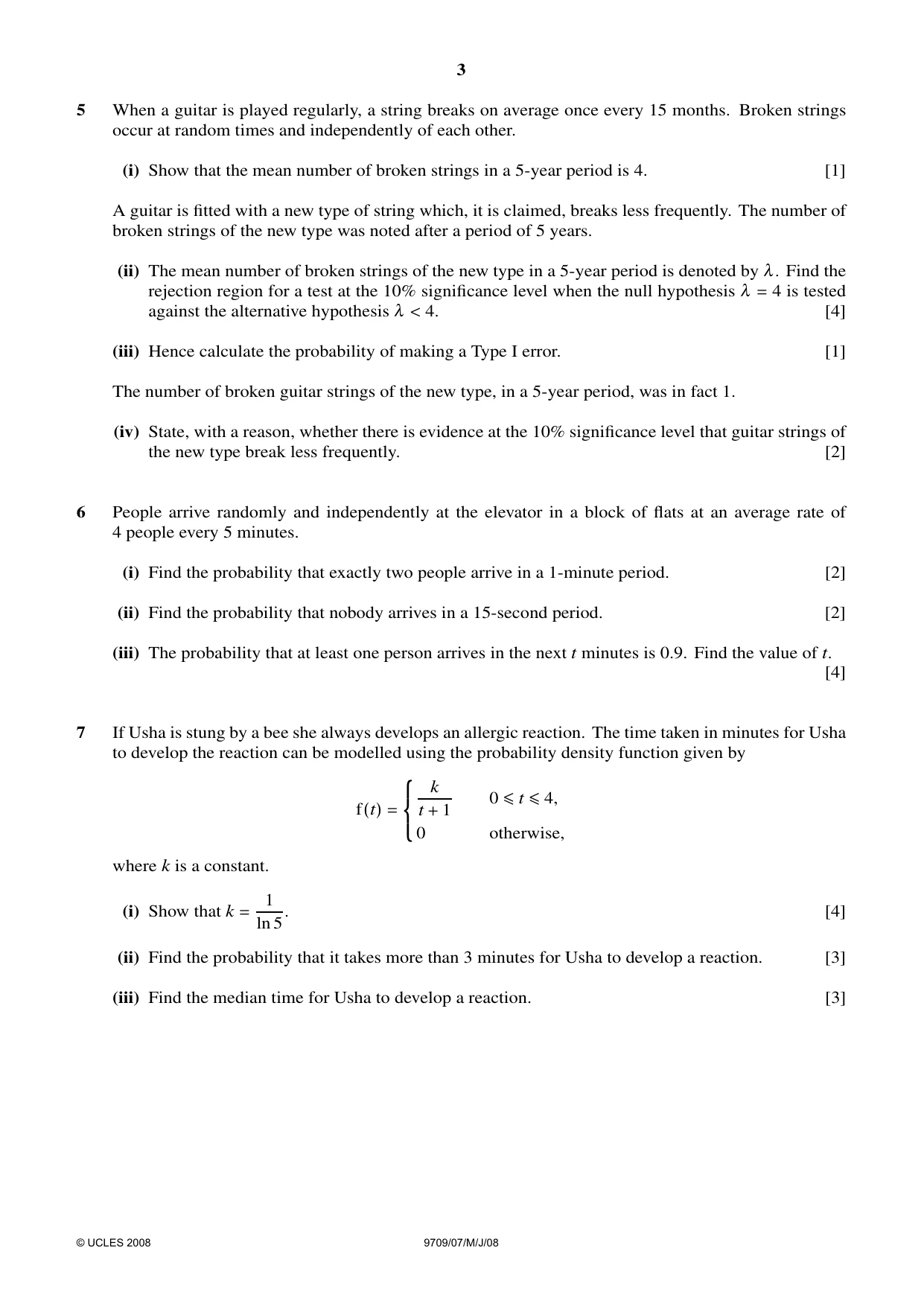 Cambridge A Level Mathematics 9709 2008 May/June Paper 7 · Variant 1 question paper, page 3 of 4
