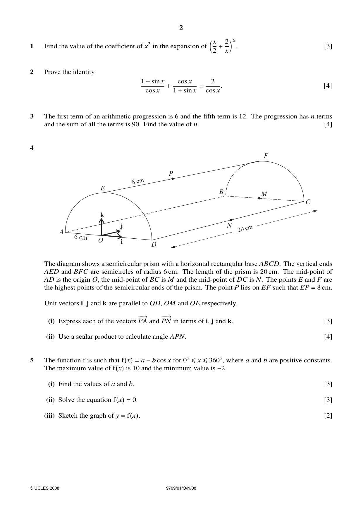 Cambridge A Level Mathematics 9709 2008 Oct/Nov Paper 1 · Variant 1 question paper, page 2 of 4