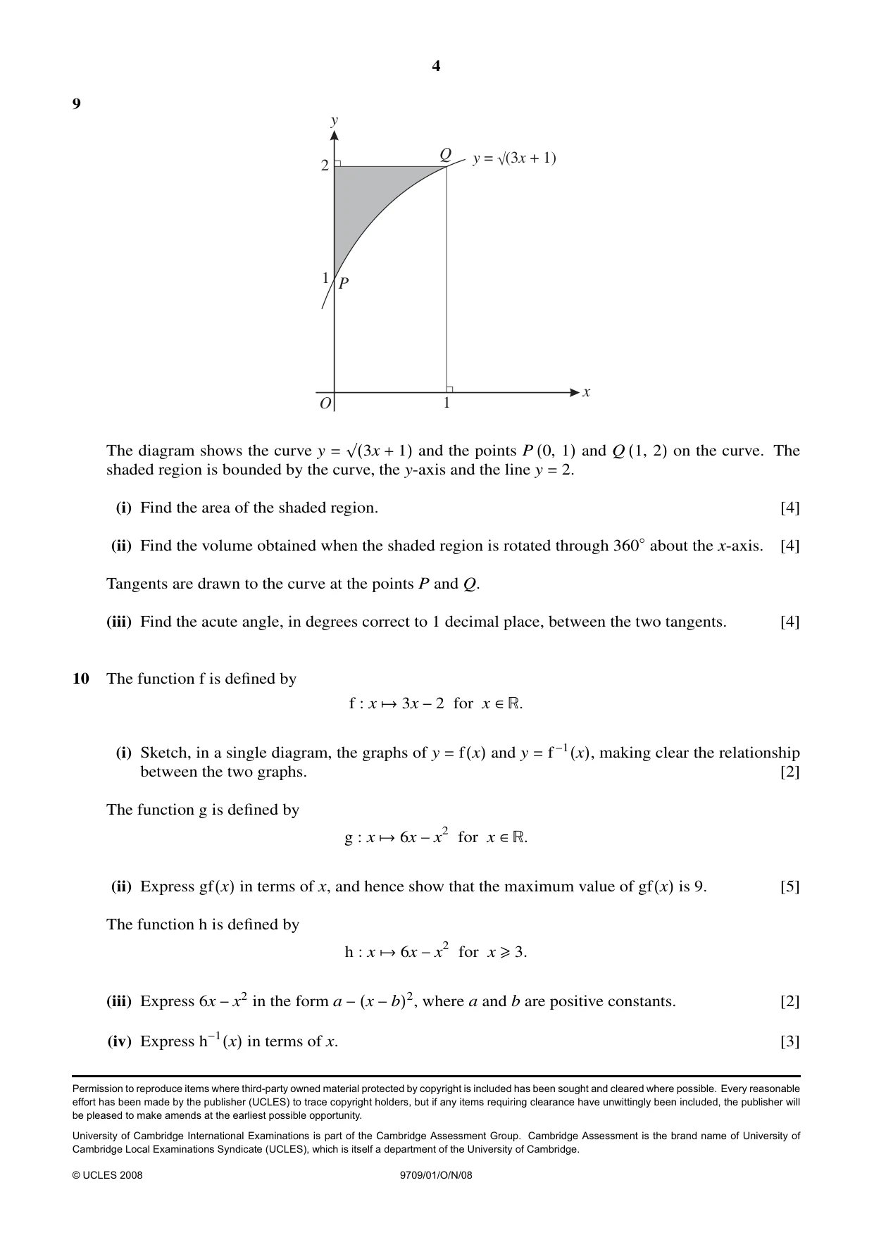 Cambridge A Level Mathematics 9709 2008 Oct/Nov Paper 1 · Variant 1 question paper, page 4 of 4