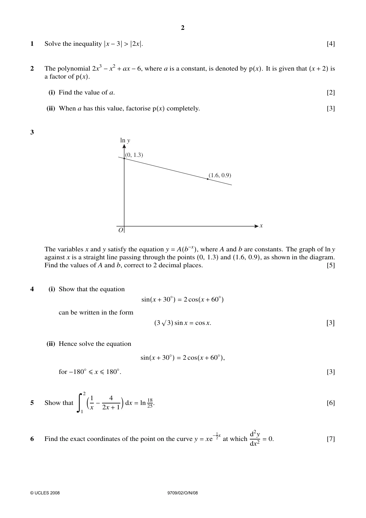 Cambridge A Level Mathematics 9709 2008 Oct/Nov Paper 2 · Variant 1 question paper, page 2 of 4