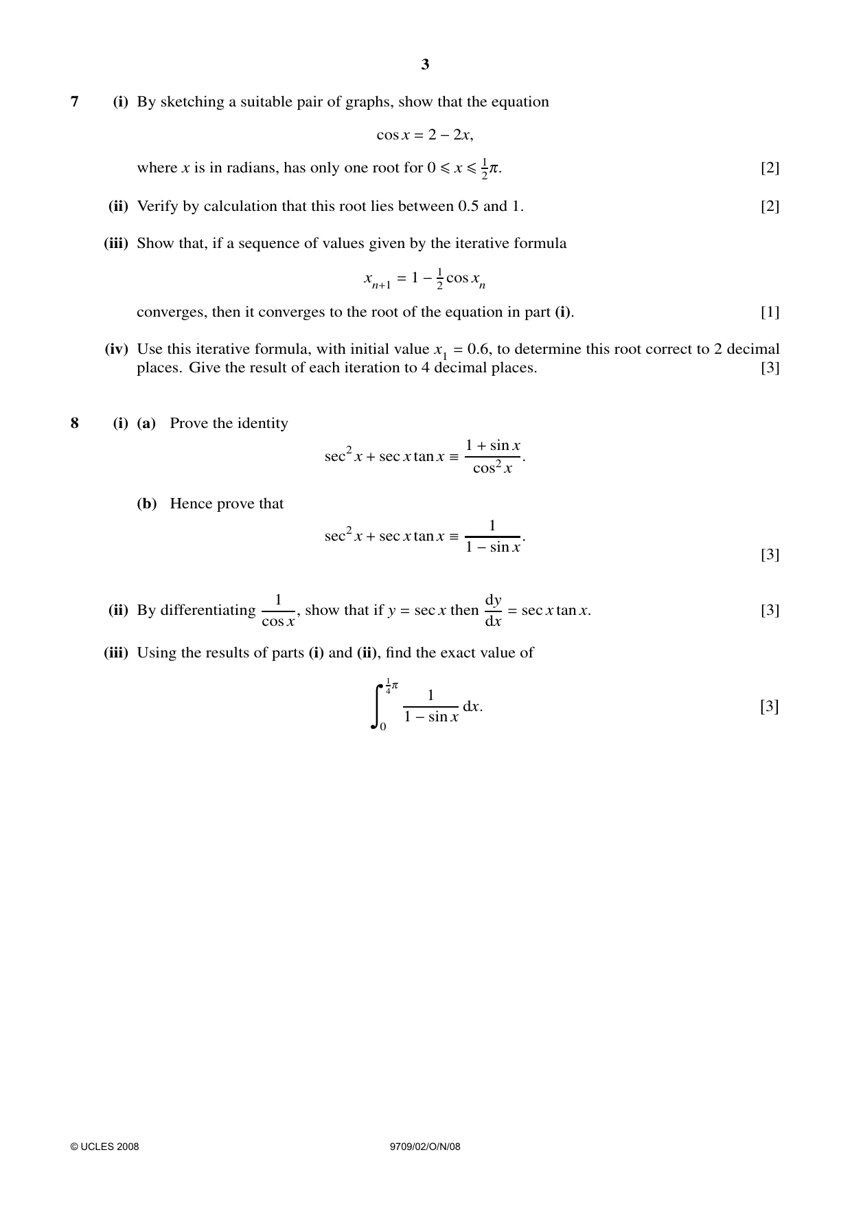 Cambridge A Level Mathematics 9709 2008 Oct/Nov Paper 2 · Variant 1 question paper, page 3 of 4