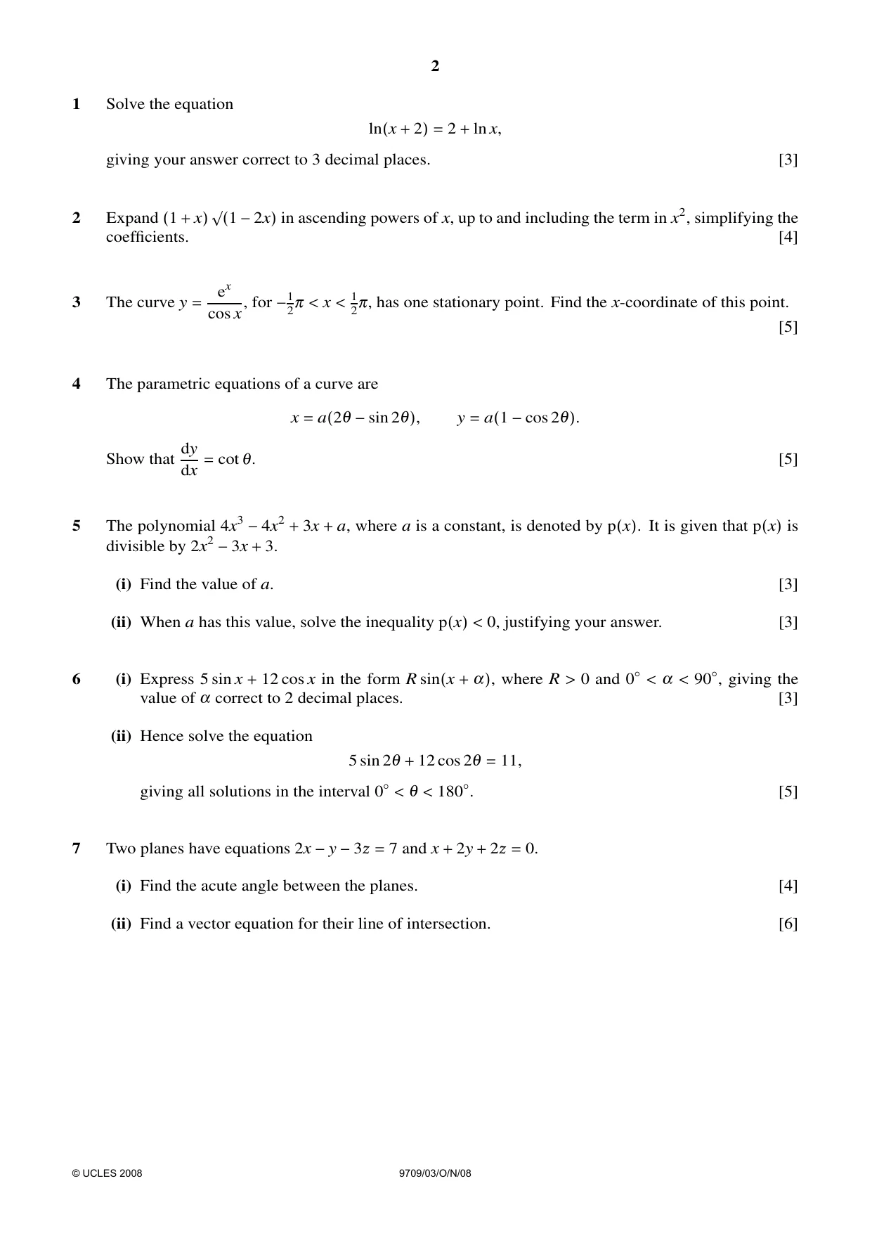 Cambridge A Level Mathematics 9709 2008 Oct/Nov Paper 3 · Variant 1 question paper, page 2 of 4