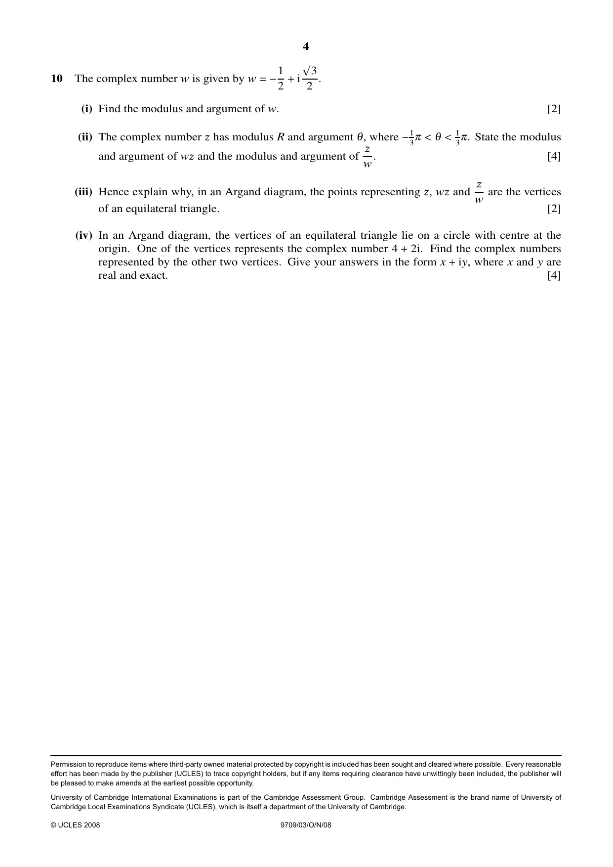 Cambridge A Level Mathematics 9709 2008 Oct/Nov Paper 3 · Variant 1 question paper, page 4 of 4