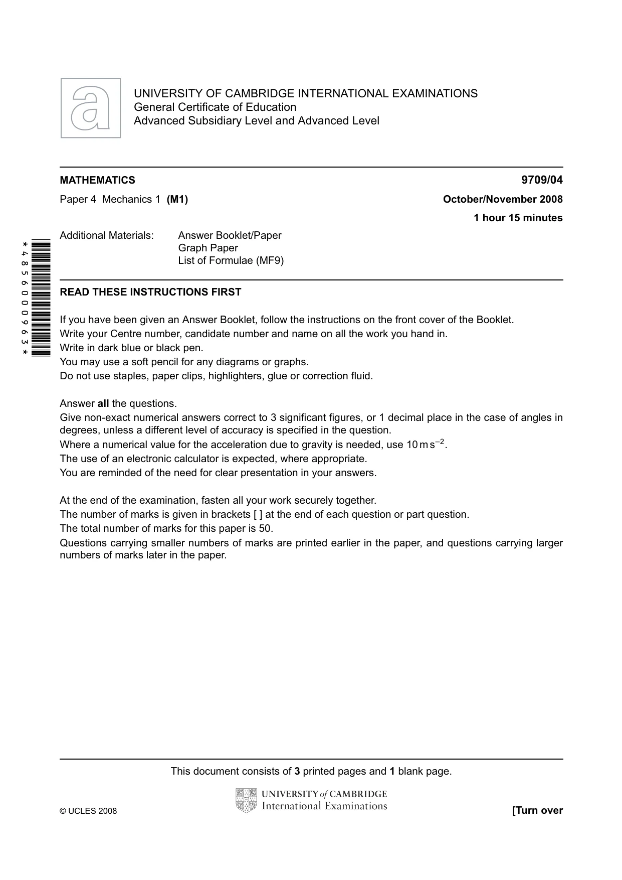 Cambridge A Level Mathematics 9709 2008 Oct/Nov Paper 4 · Variant 1 question paper, page 1 of 4
