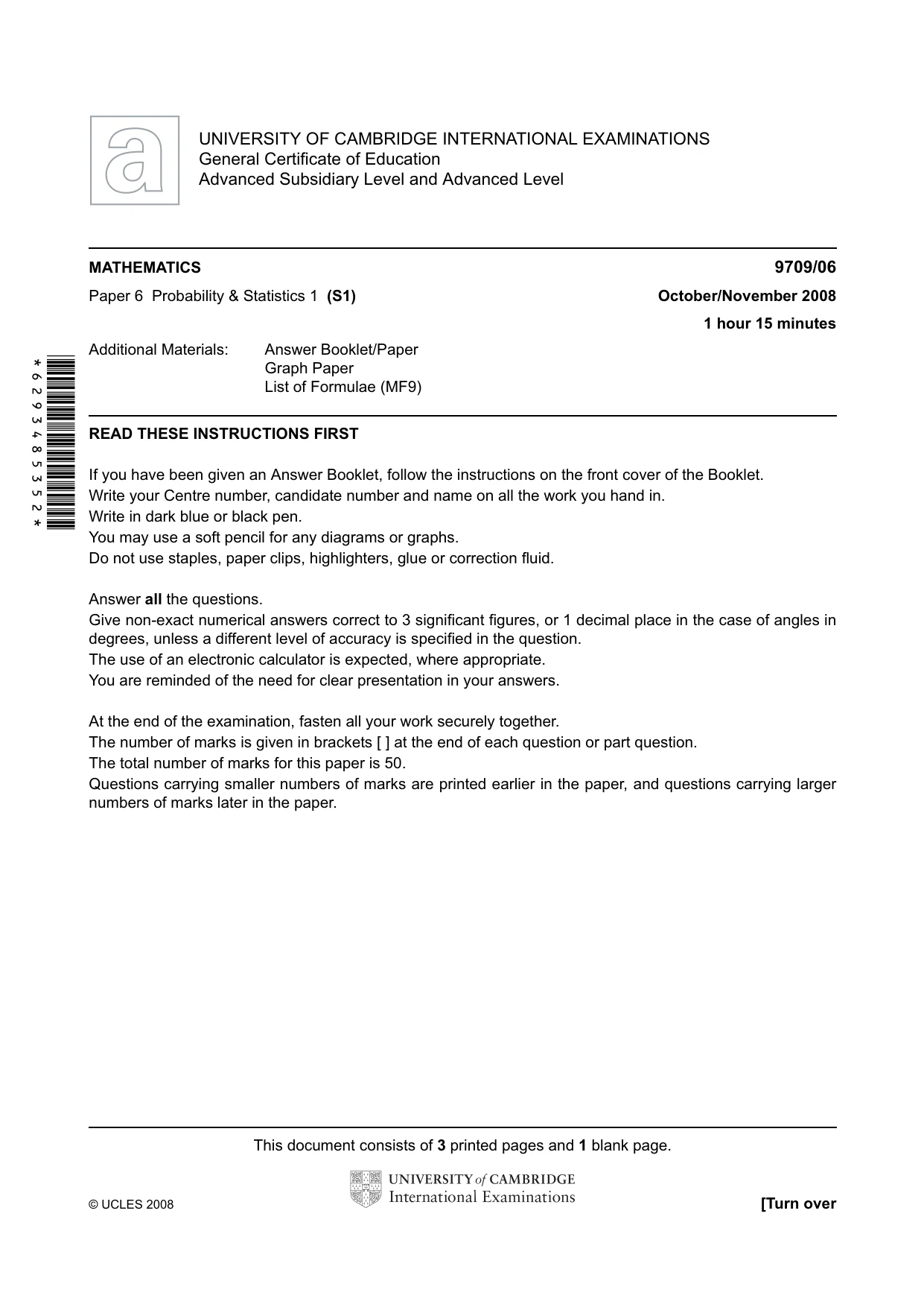 Cambridge A Level Mathematics 9709 2008 Oct/Nov Paper 6 · Variant 1 question paper, page 1 of 4