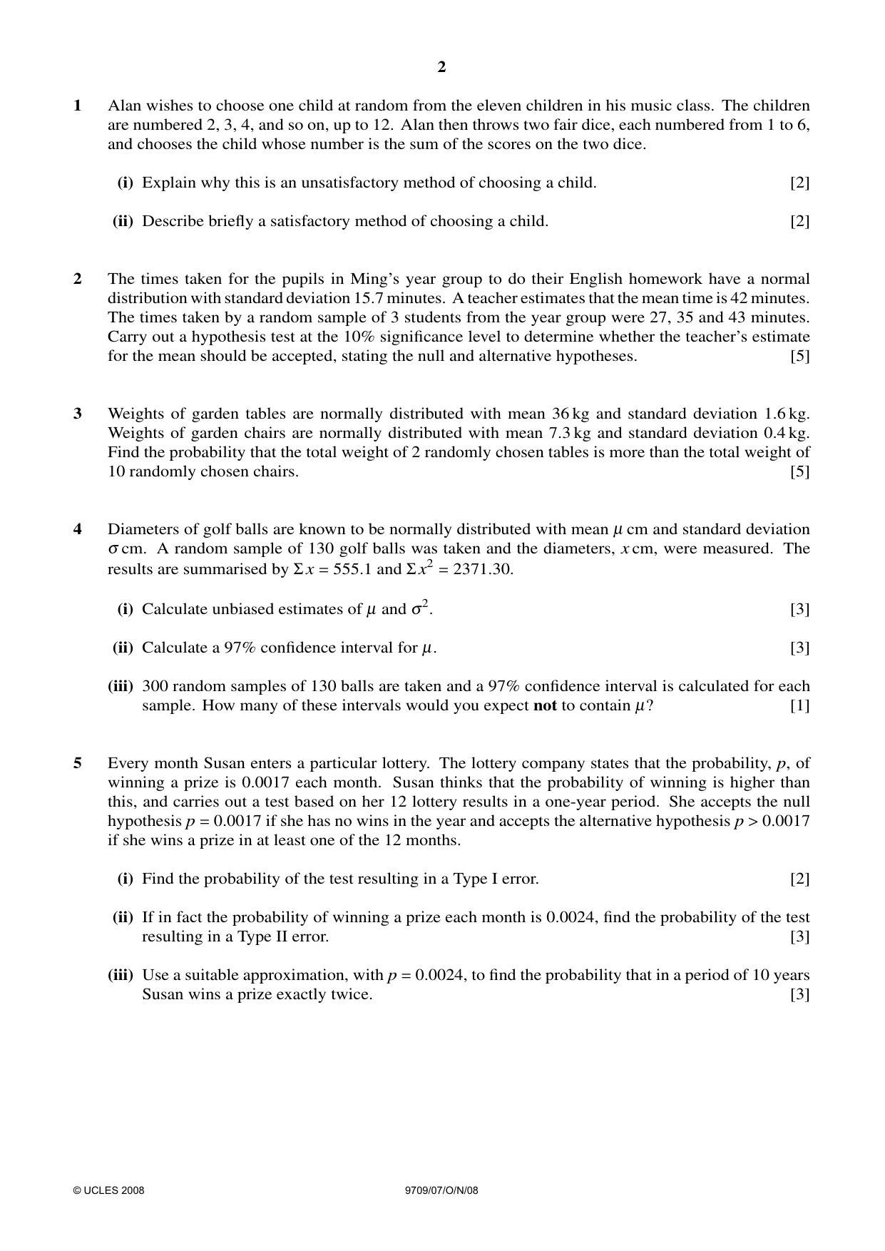 Cambridge A Level Mathematics 9709 2008 Oct/Nov Paper 7 · Variant 1 question paper, page 2 of 4