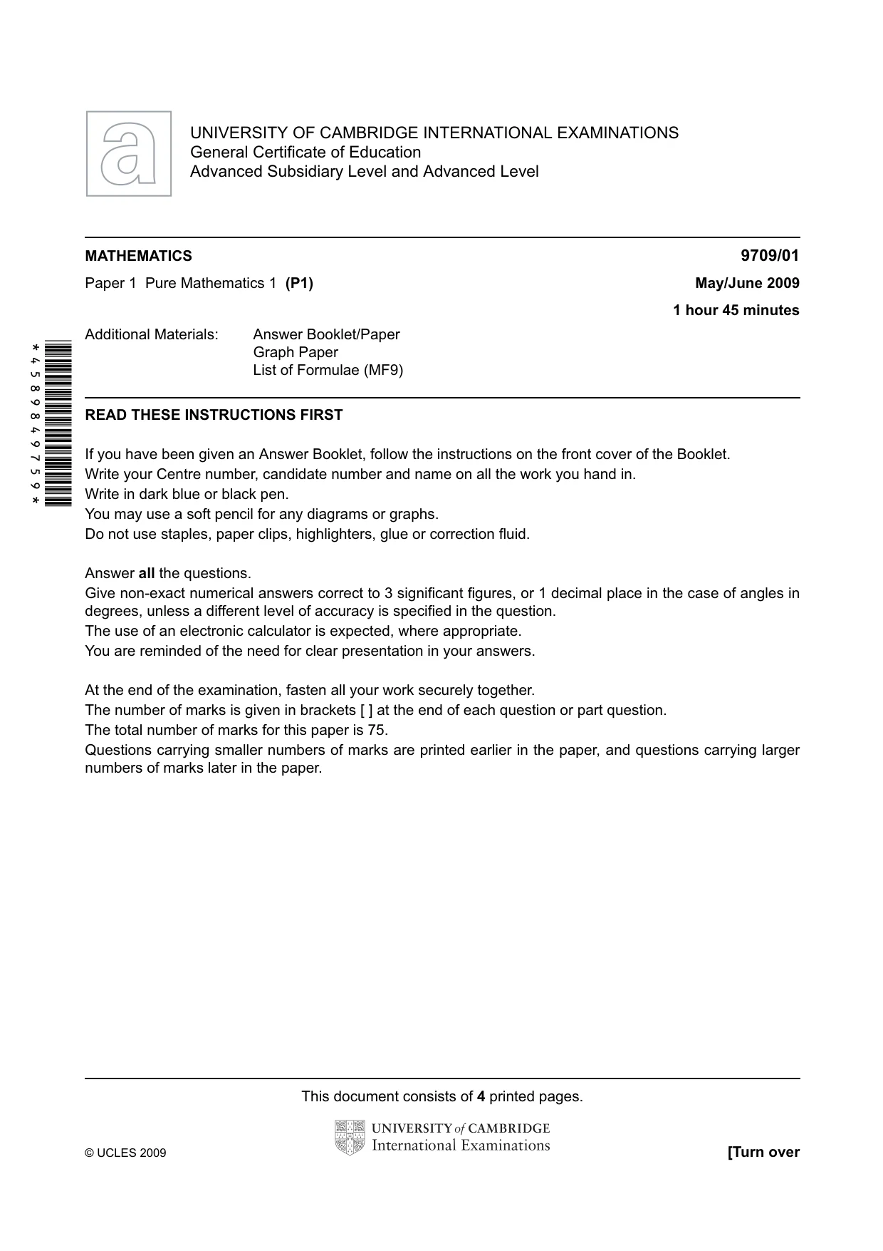Cambridge A Level Mathematics 9709 2009 May/June Paper 1 · Variant 1 question paper, page 1 of 4