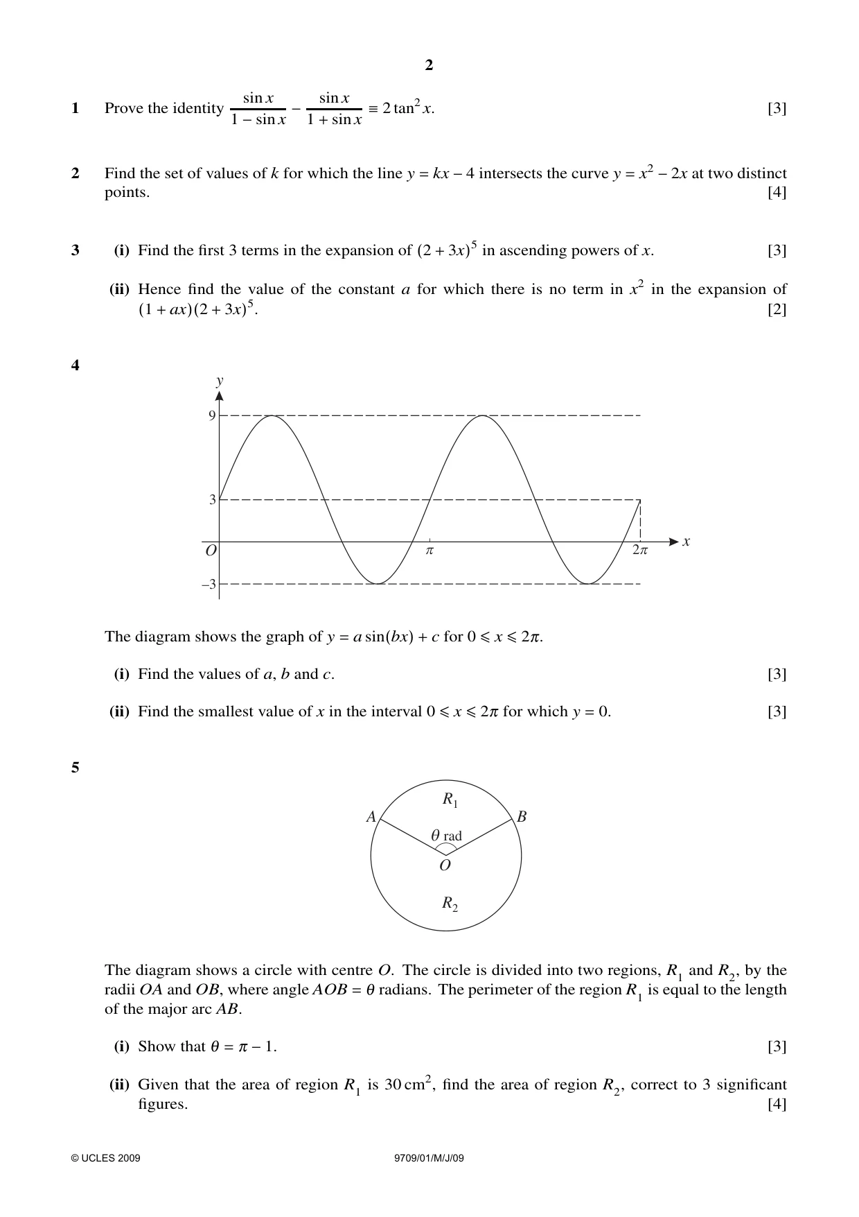 Cambridge A Level Mathematics 9709 2009 May/June Paper 1 · Variant 1 question paper, page 2 of 4