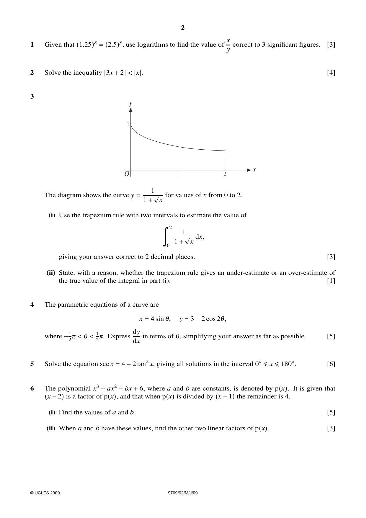 Cambridge A Level Mathematics 9709 2009 May/June Paper 2 · Variant 1 question paper, page 2 of 4