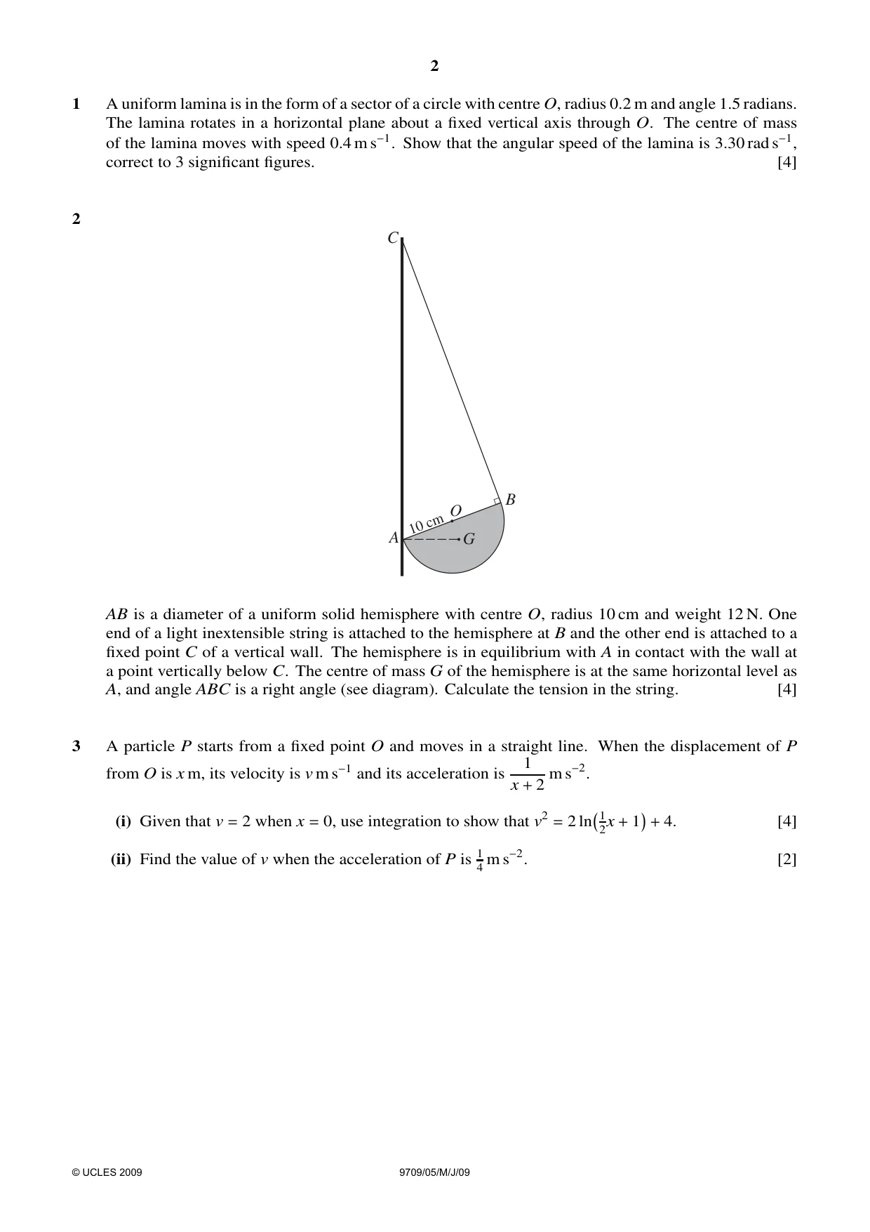 Cambridge A Level Mathematics 9709 2009 May/June Paper 5 · Variant 1 question paper, page 2 of 4