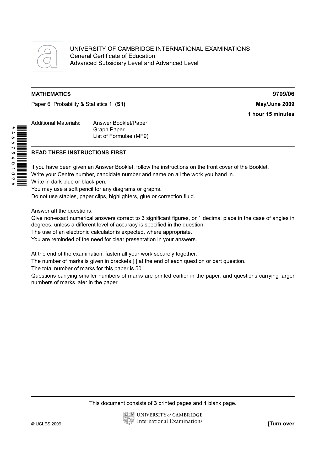 Cambridge A Level Mathematics 9709 2009 May/June Paper 6 · Variant 1 question paper, page 1 of 4