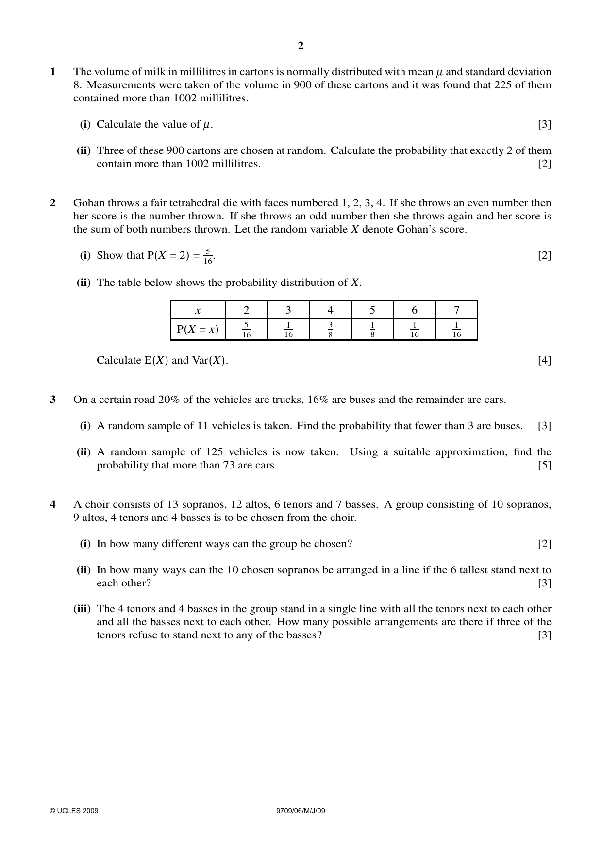 Cambridge A Level Mathematics 9709 2009 May/June Paper 6 · Variant 1 question paper, page 2 of 4