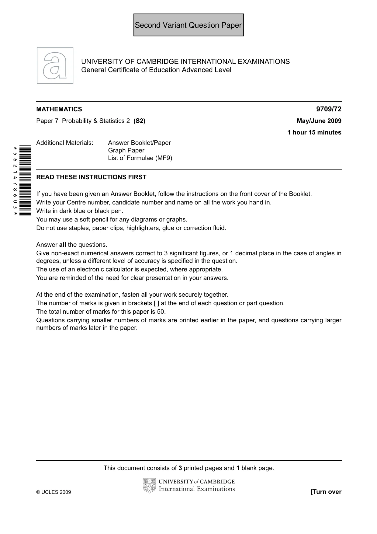 Cambridge A Level Mathematics 9709 2009 May/June Paper 7 · Variant 1 question paper, page 6 of 9
