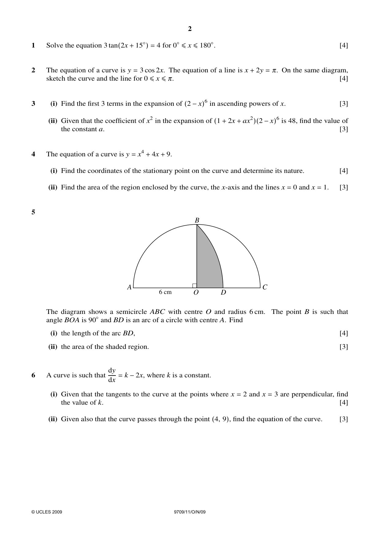 Cambridge A Level Mathematics 9709 2009 Oct/Nov Paper 1 · Variant 1 question paper, page 2 of 4