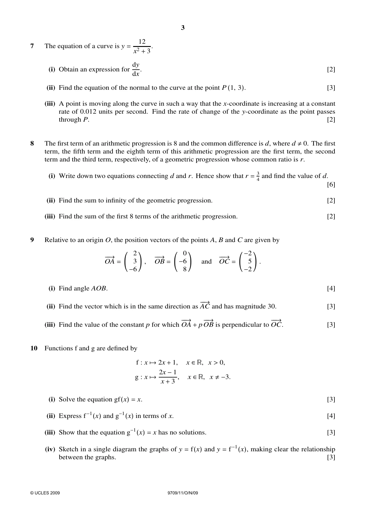 Cambridge A Level Mathematics 9709 2009 Oct/Nov Paper 1 · Variant 1 question paper, page 3 of 4