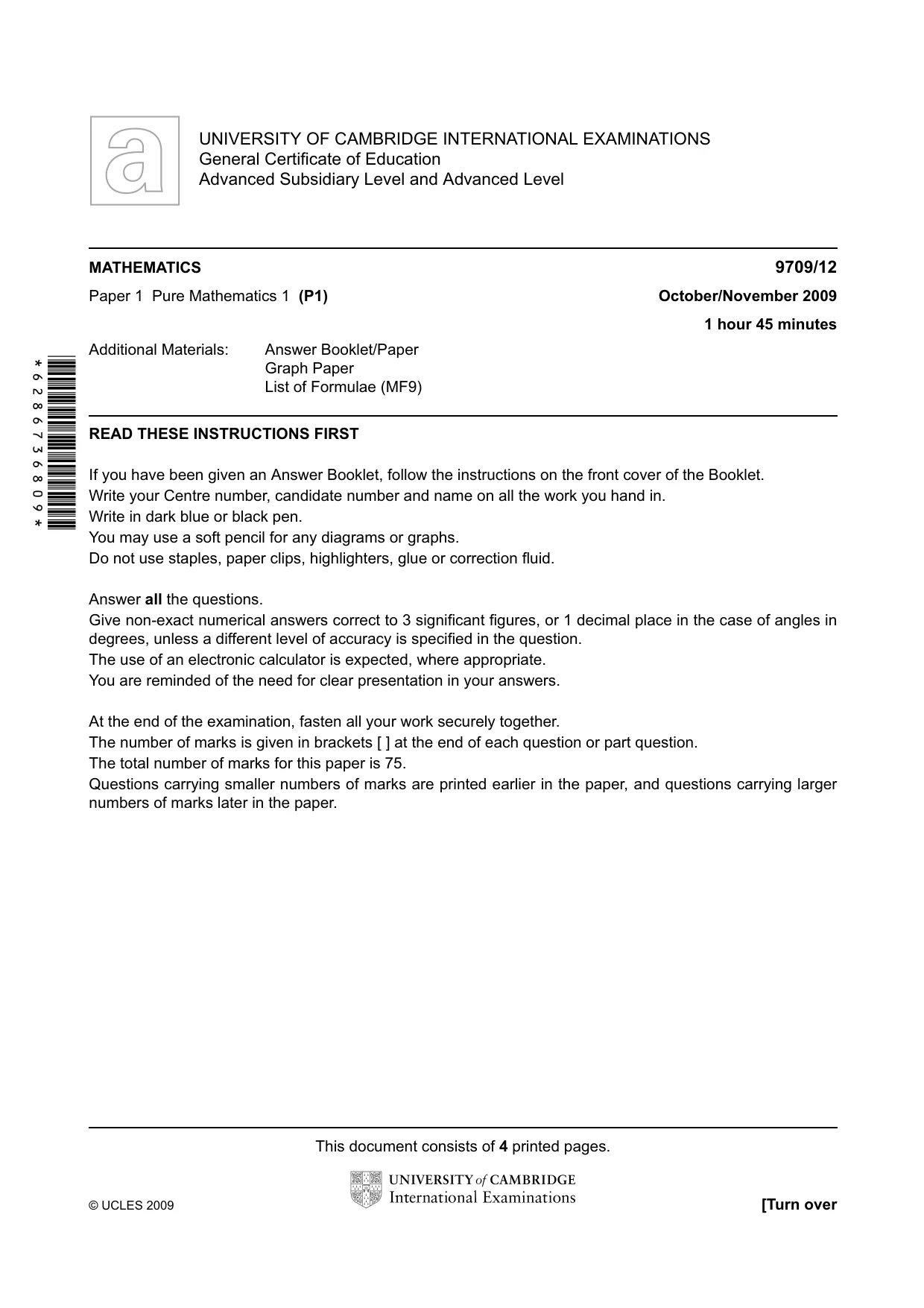 Cambridge A Level Mathematics 9709 2009 Oct/Nov Paper 1 · Variant 2 question paper, page 1 of 4