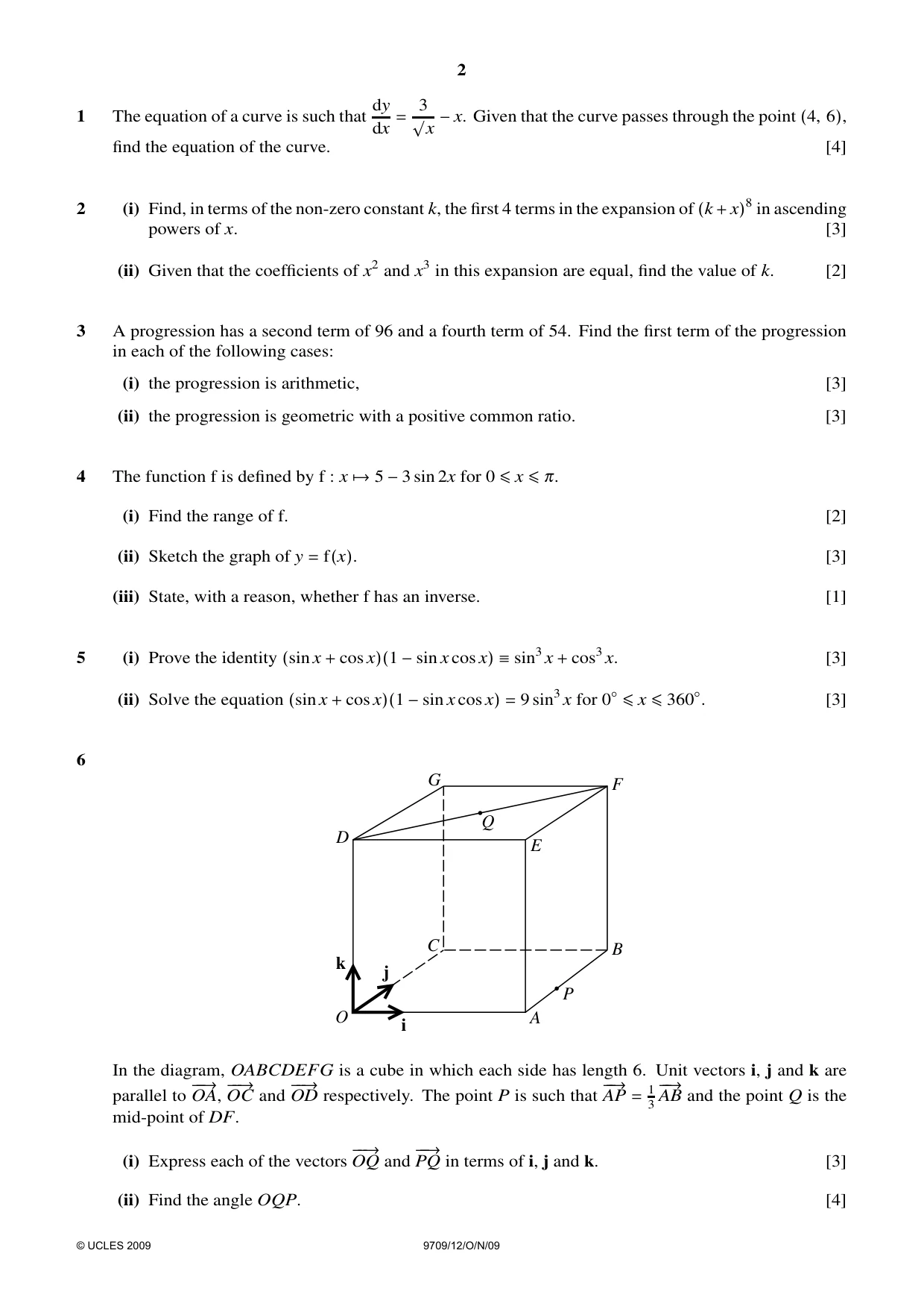 Cambridge A Level Mathematics 9709 2009 Oct/Nov Paper 1 · Variant 2 question paper, page 2 of 4