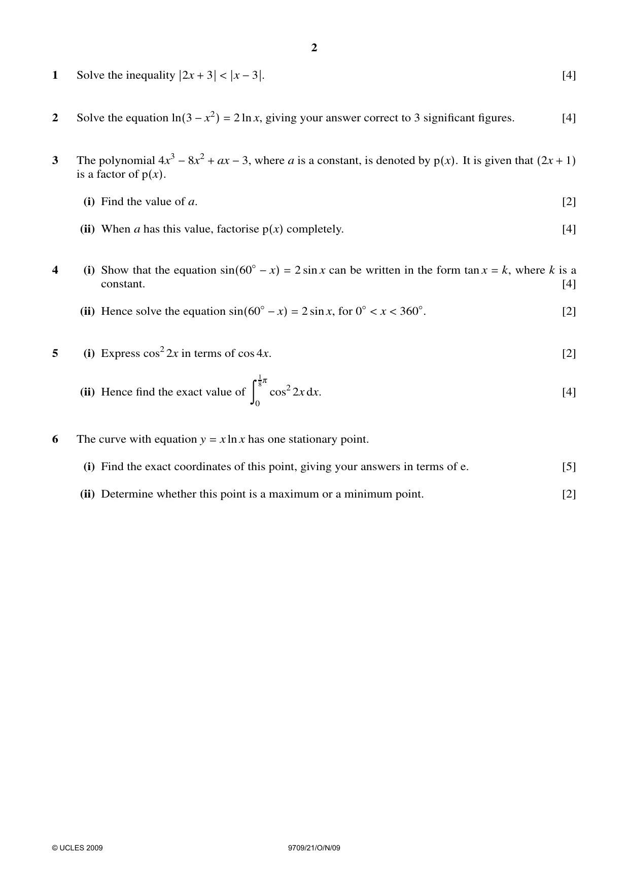 Cambridge A Level Mathematics 9709 2009 Oct/Nov Paper 2 · Variant 1 question paper, page 2 of 4