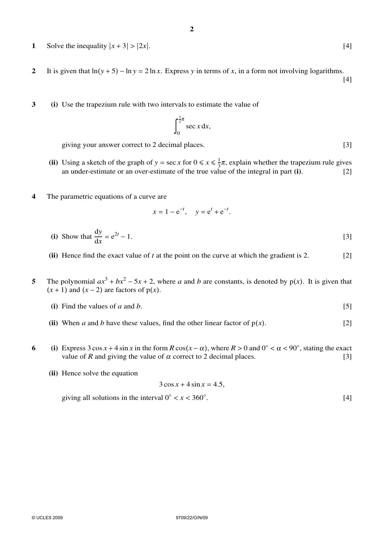 Cambridge A Level Mathematics 9709 2009 Oct/Nov Paper 2 · Variant 2 question paper, page 2 of 4