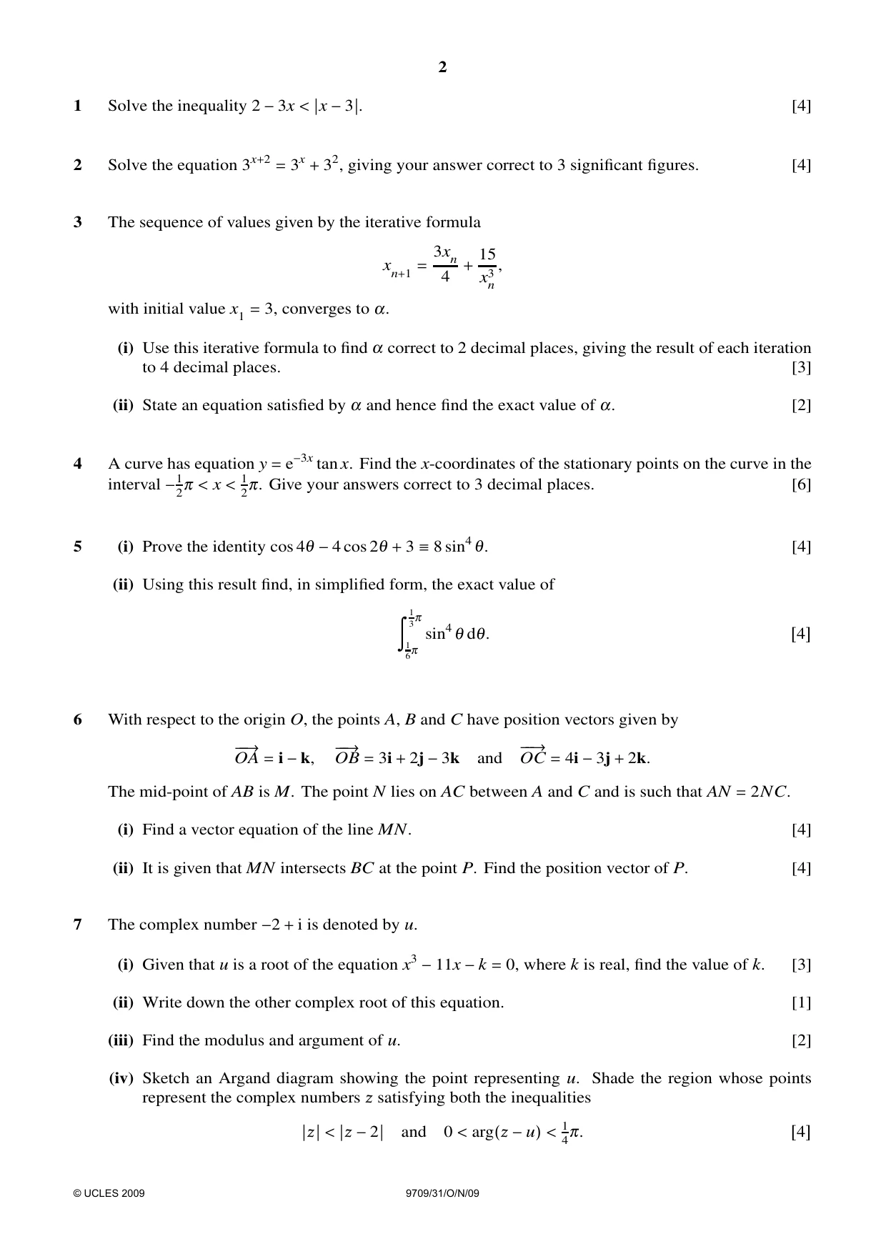 Cambridge A Level Mathematics 9709 2009 Oct/Nov Paper 3 · Variant 1 question paper, page 2 of 4