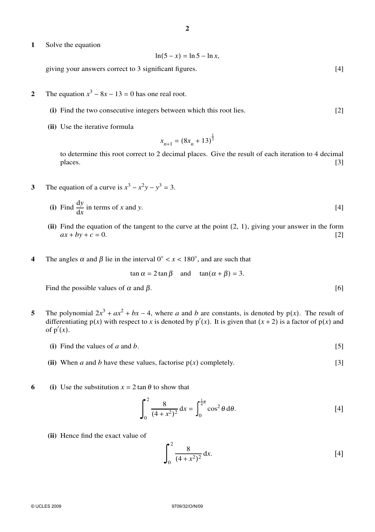 Cambridge A Level Mathematics 9709 2009 Oct/Nov Paper 3 · Variant 2 question paper, page 2 of 4