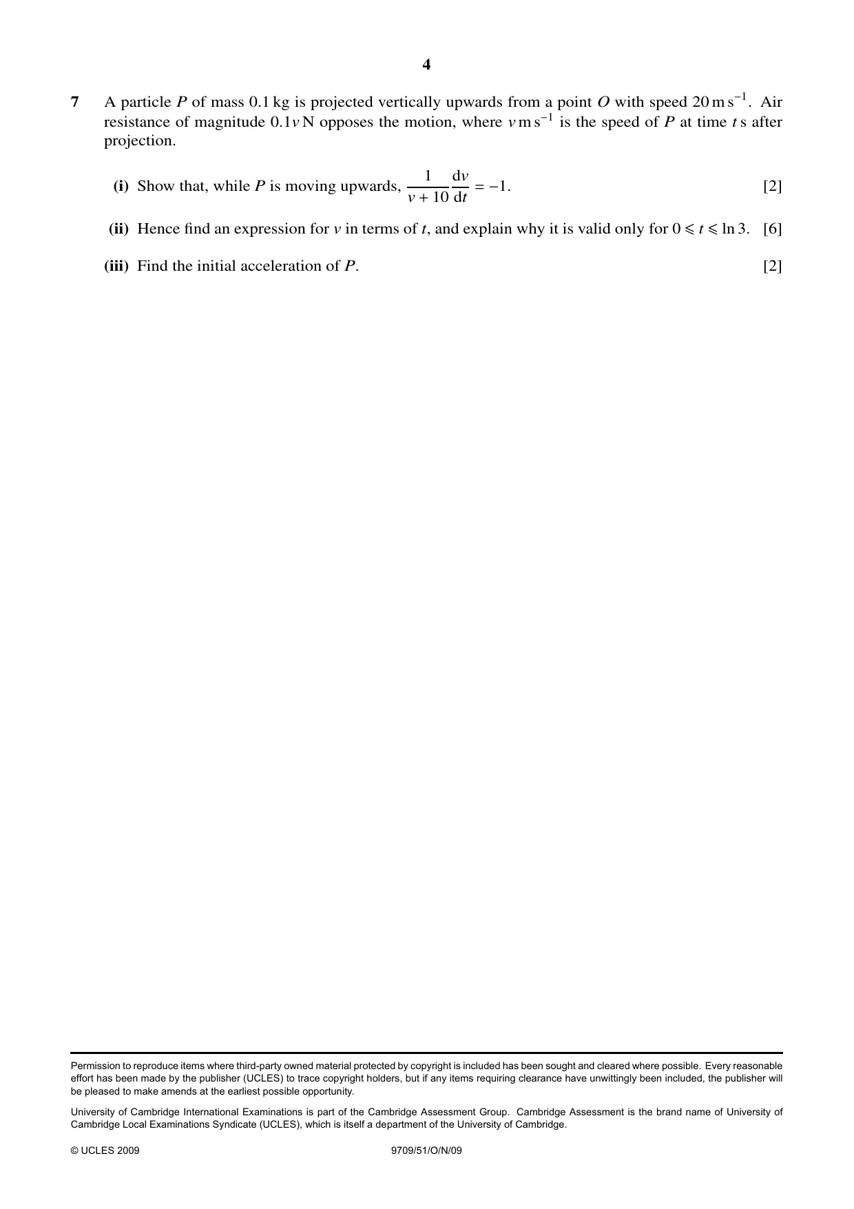 Cambridge A Level Mathematics 9709 2009 Oct/Nov Paper 5 · Variant 1 question paper, page 4 of 4