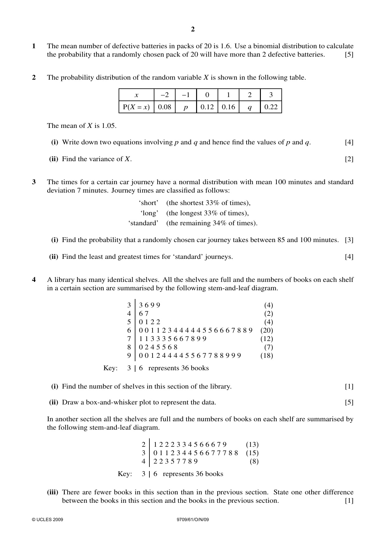 Cambridge A Level Mathematics 9709 2009 Oct/Nov Paper 6 · Variant 1 question paper, page 2 of 4