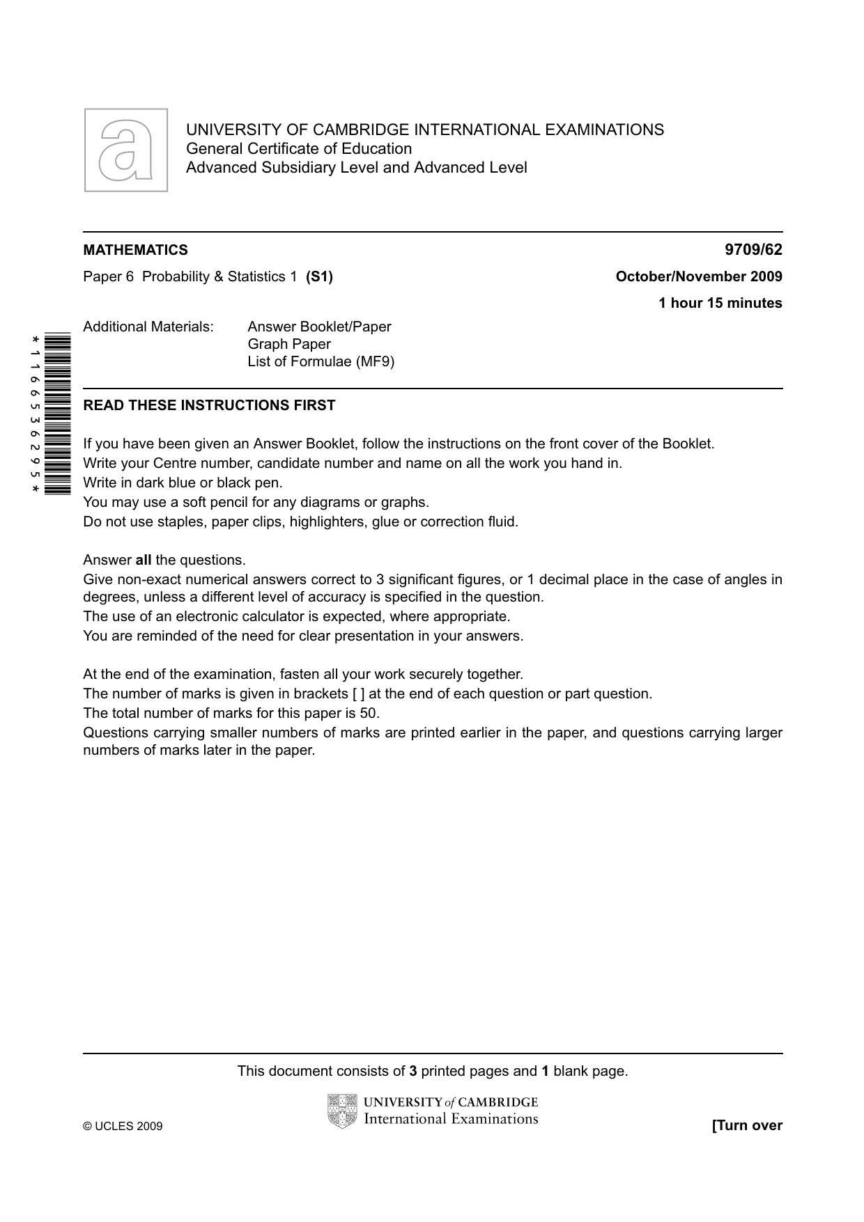 Cambridge A Level Mathematics 9709 2009 Oct/Nov Paper 6 · Variant 2 question paper, page 1 of 4