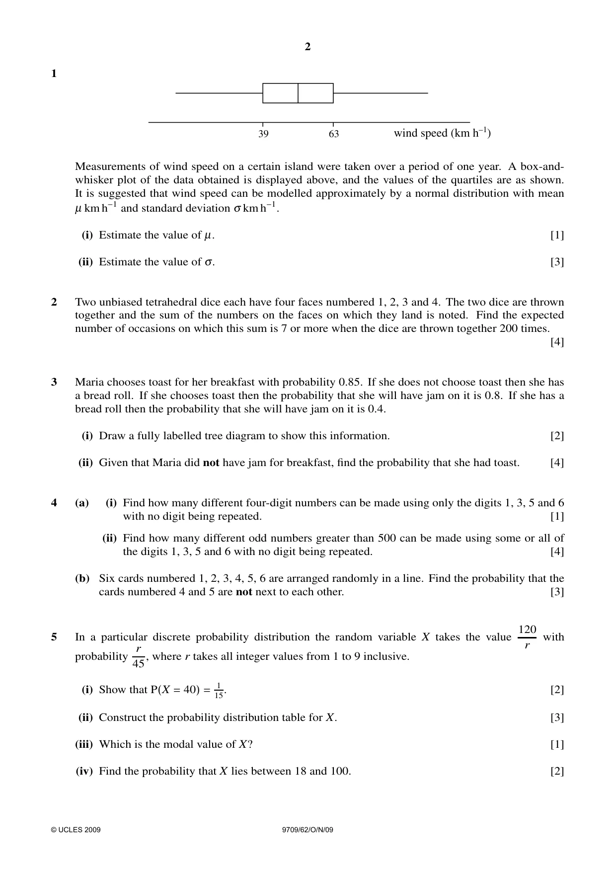 Cambridge A Level Mathematics 9709 2009 Oct/Nov Paper 6 · Variant 2 question paper, page 2 of 4