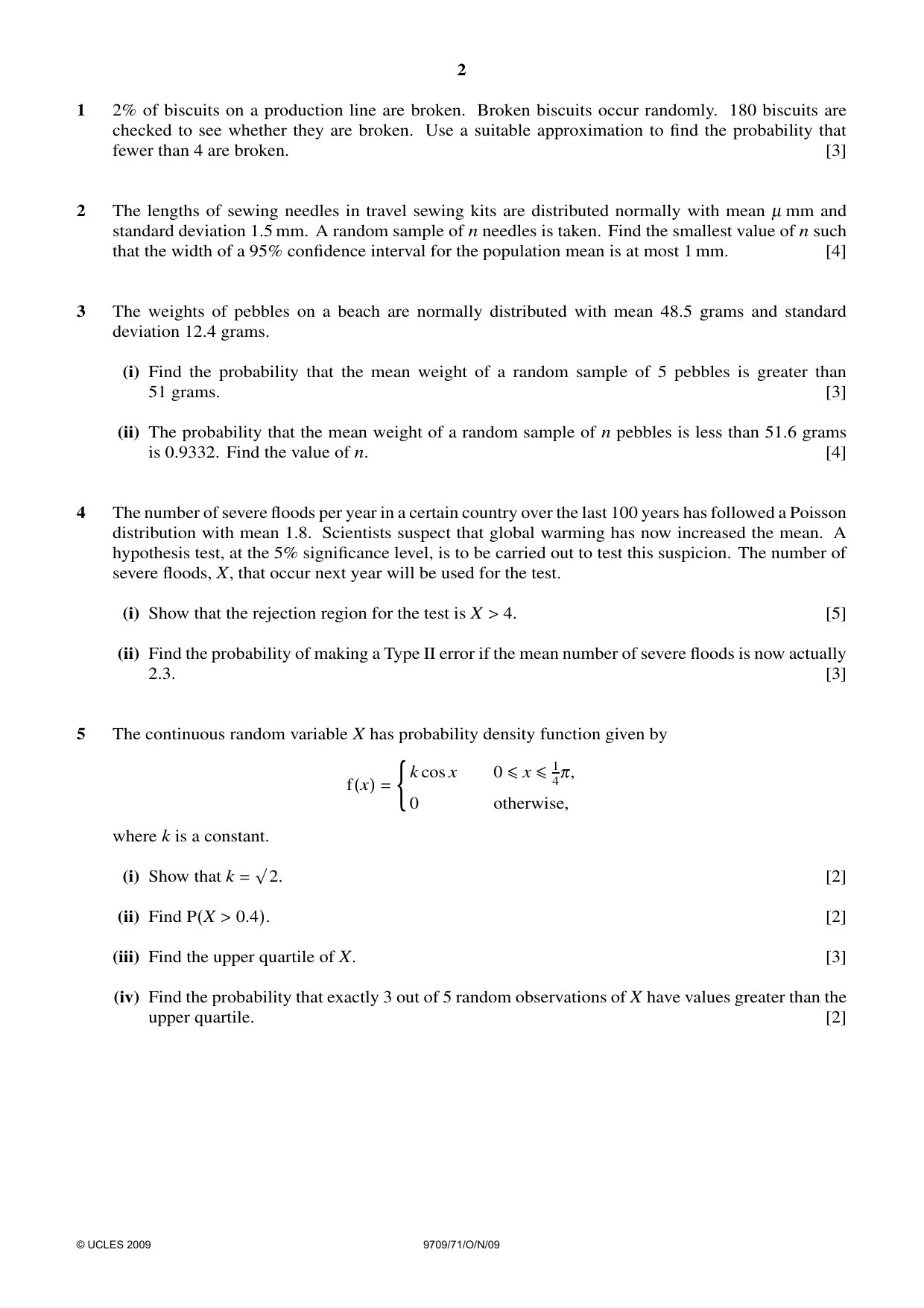 Cambridge A Level Mathematics 9709 2009 Oct/Nov Paper 7 · Variant 1 question paper, page 2 of 4