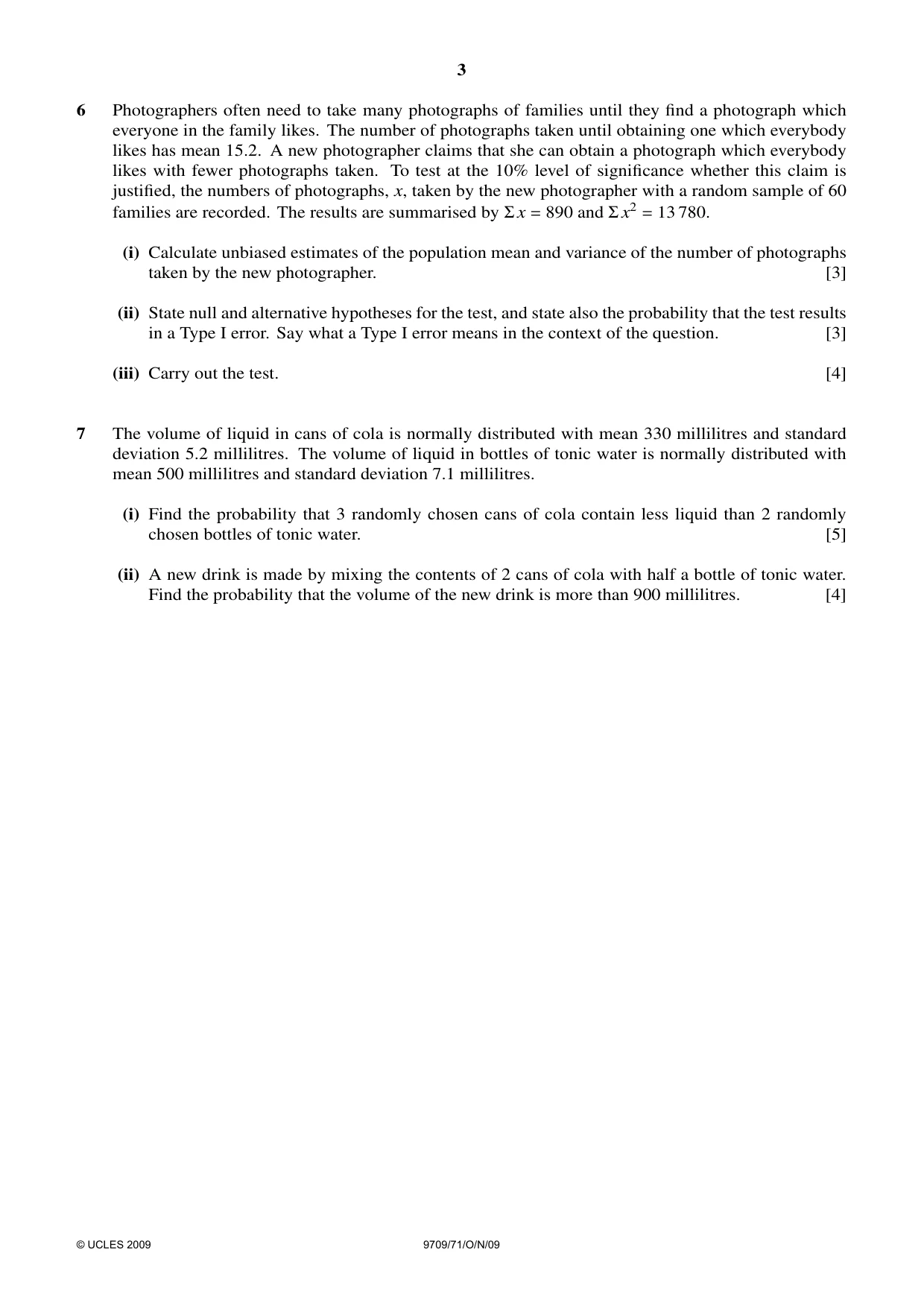 Cambridge A Level Mathematics 9709 2009 Oct/Nov Paper 7 · Variant 1 question paper, page 3 of 4