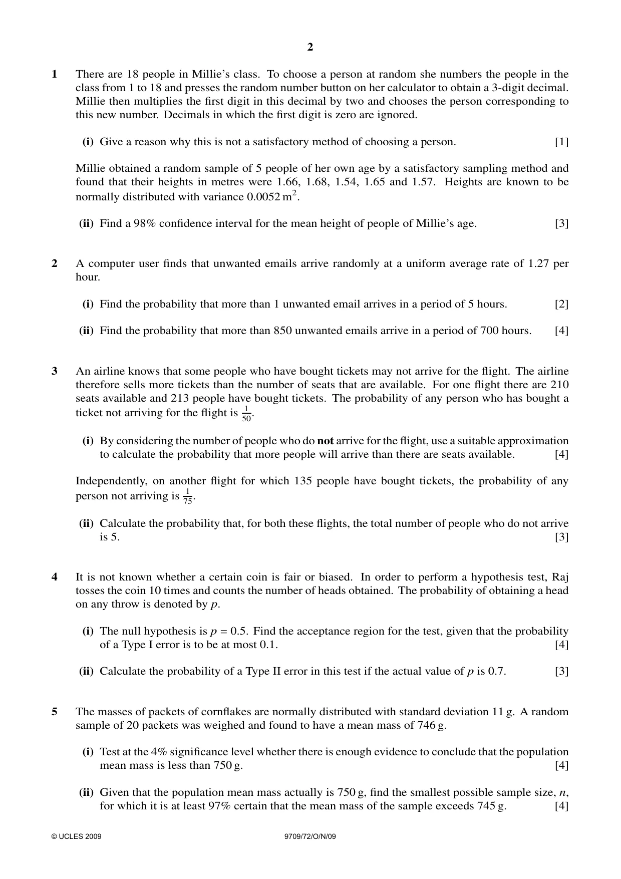 Cambridge A Level Mathematics 9709 2009 Oct/Nov Paper 7 · Variant 2 question paper, page 2 of 4