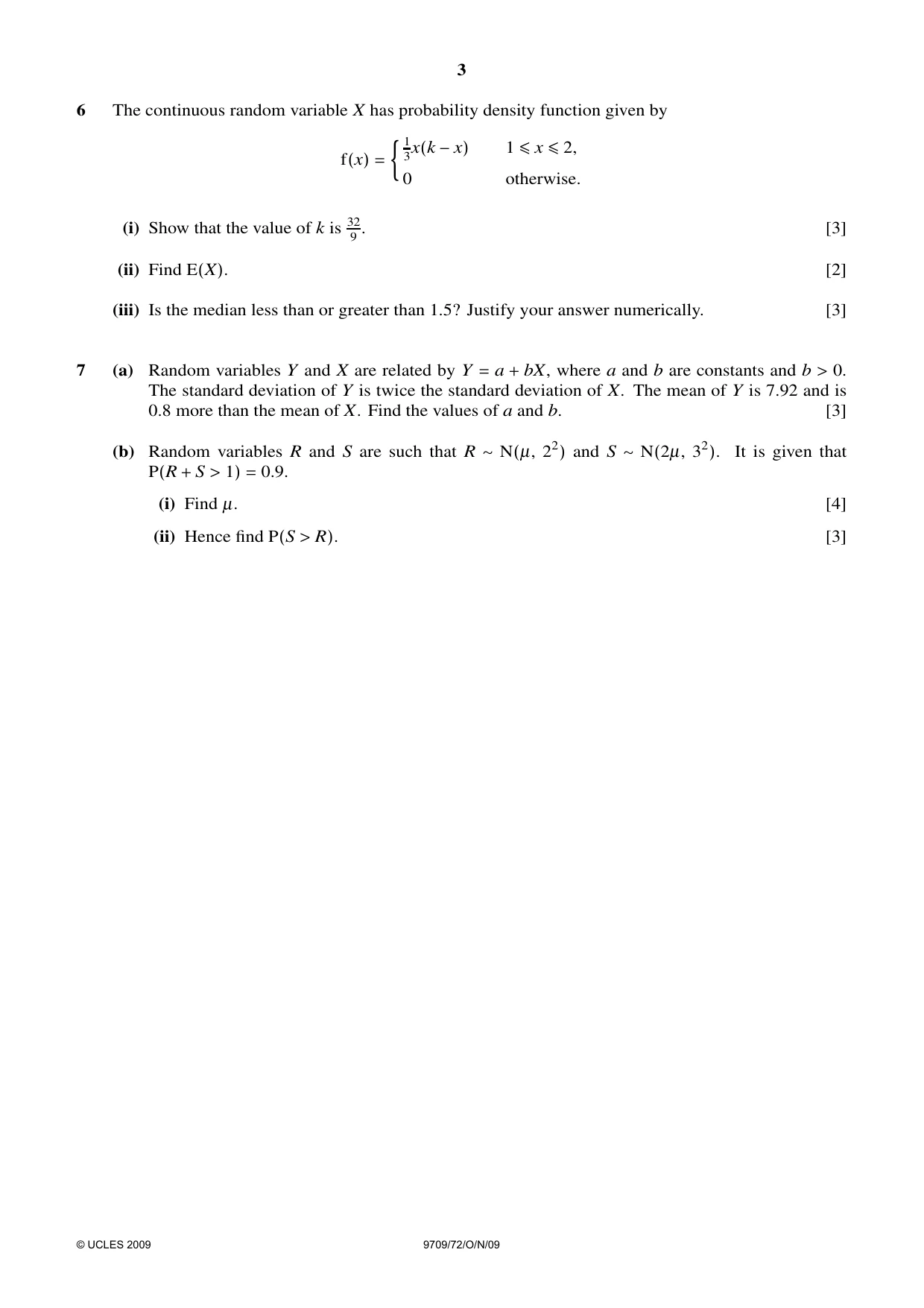 Cambridge A Level Mathematics 9709 2009 Oct/Nov Paper 7 · Variant 2 question paper, page 3 of 4