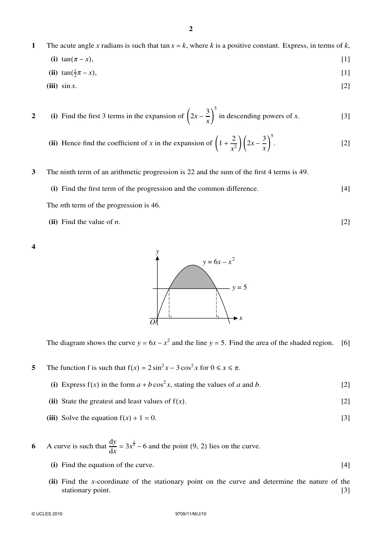 Cambridge A Level Mathematics 9709 2010 May/June Paper 1 · Variant 1 question paper, page 2 of 4