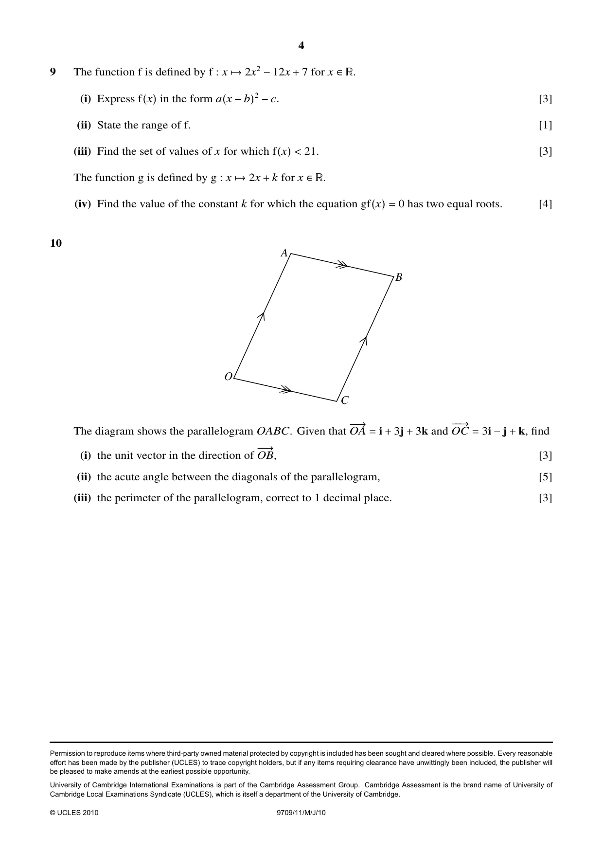 Cambridge A Level Mathematics 9709 2010 May/June Paper 1 · Variant 1 question paper, page 4 of 4