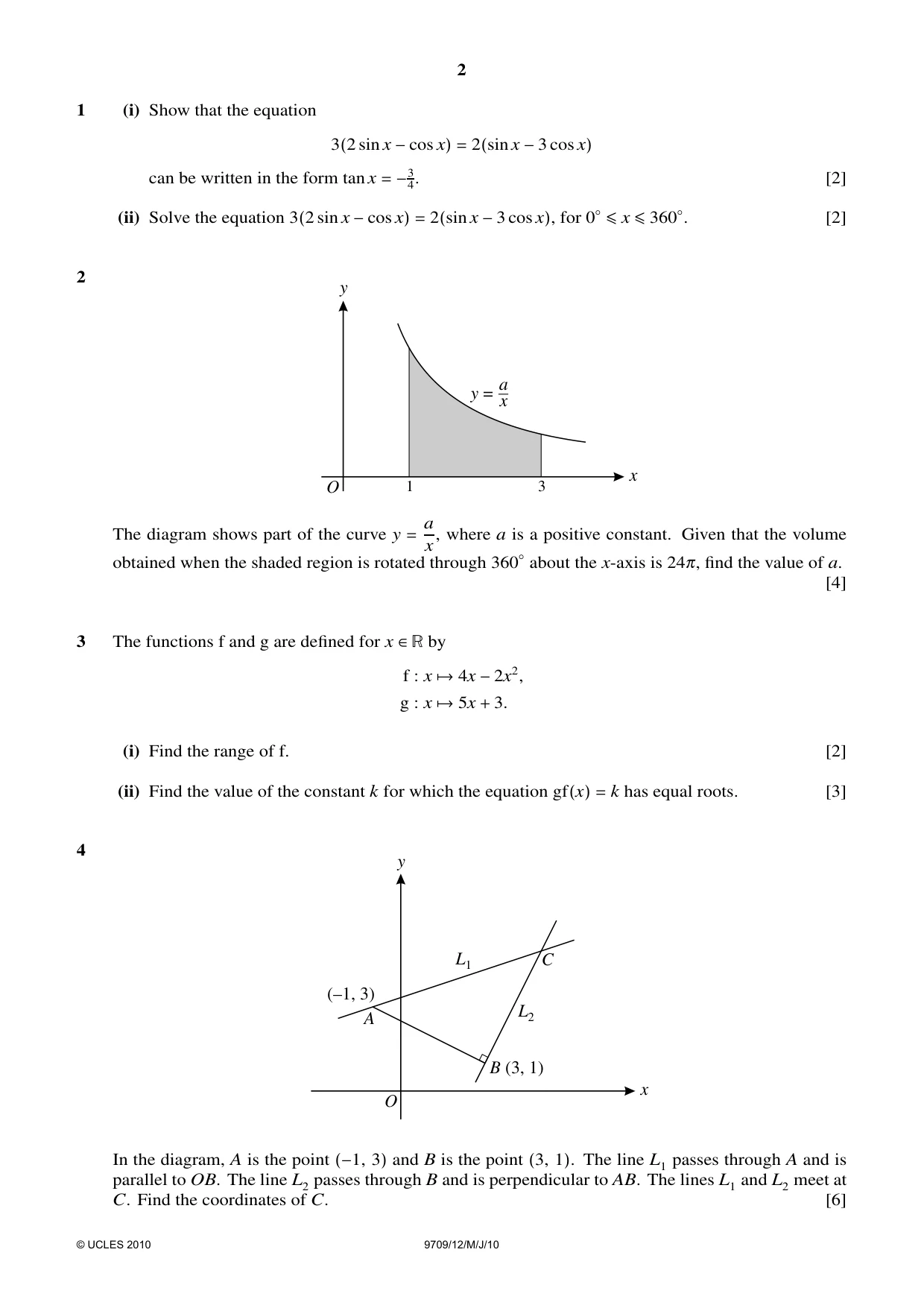 Cambridge A Level Mathematics 9709 2010 May/June Paper 1 · Variant 2 question paper, page 2 of 4
