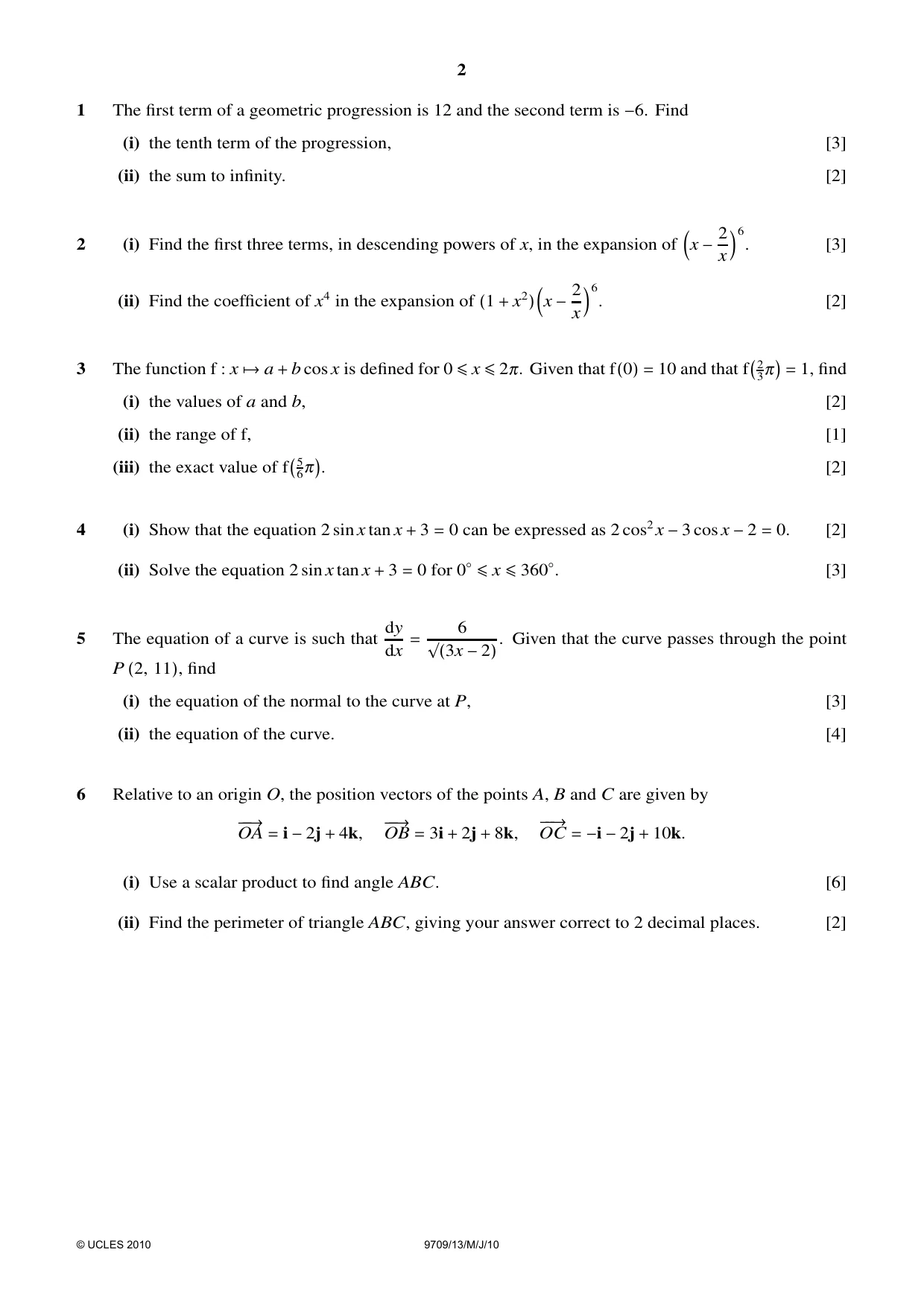 Cambridge A Level Mathematics 9709 2010 May/June Paper 1 · Variant 3 question paper, page 2 of 4