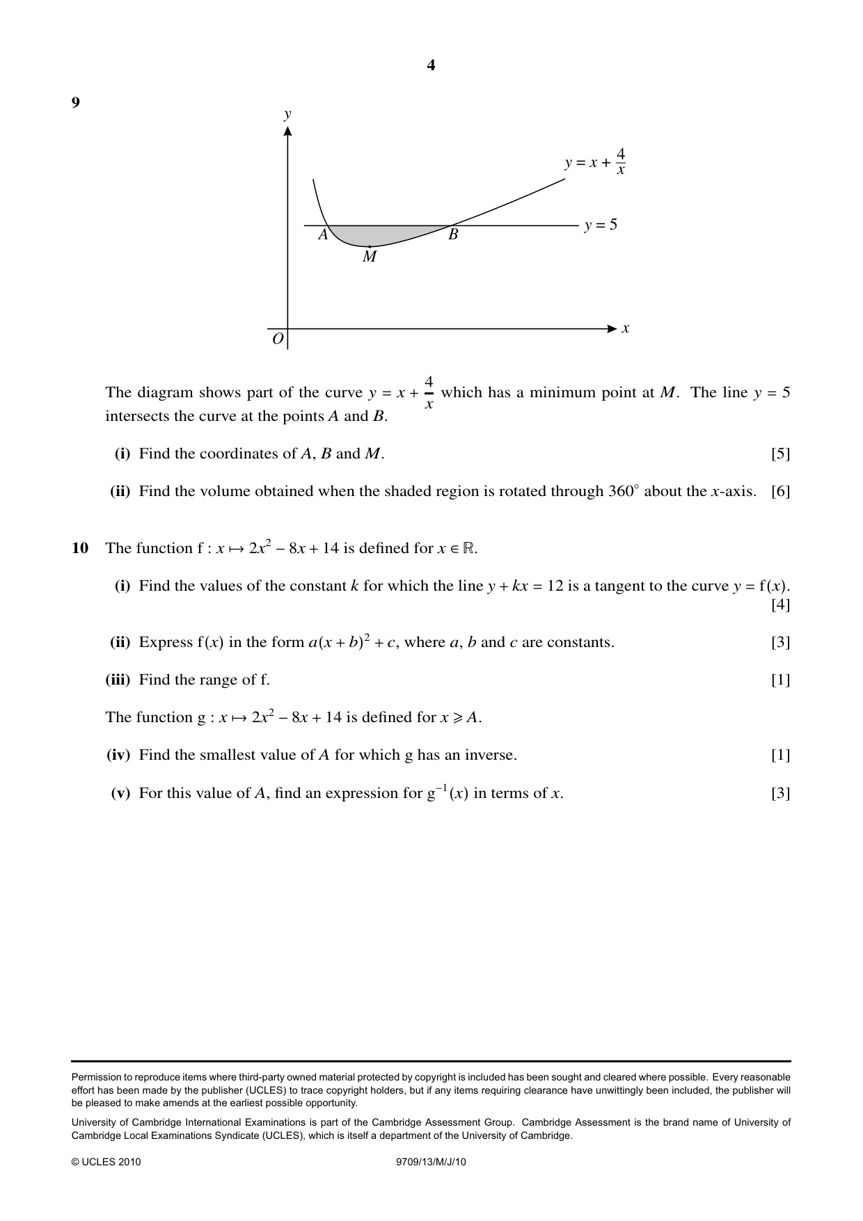 Cambridge A Level Mathematics 9709 2010 May/June Paper 1 · Variant 3 question paper, page 4 of 4