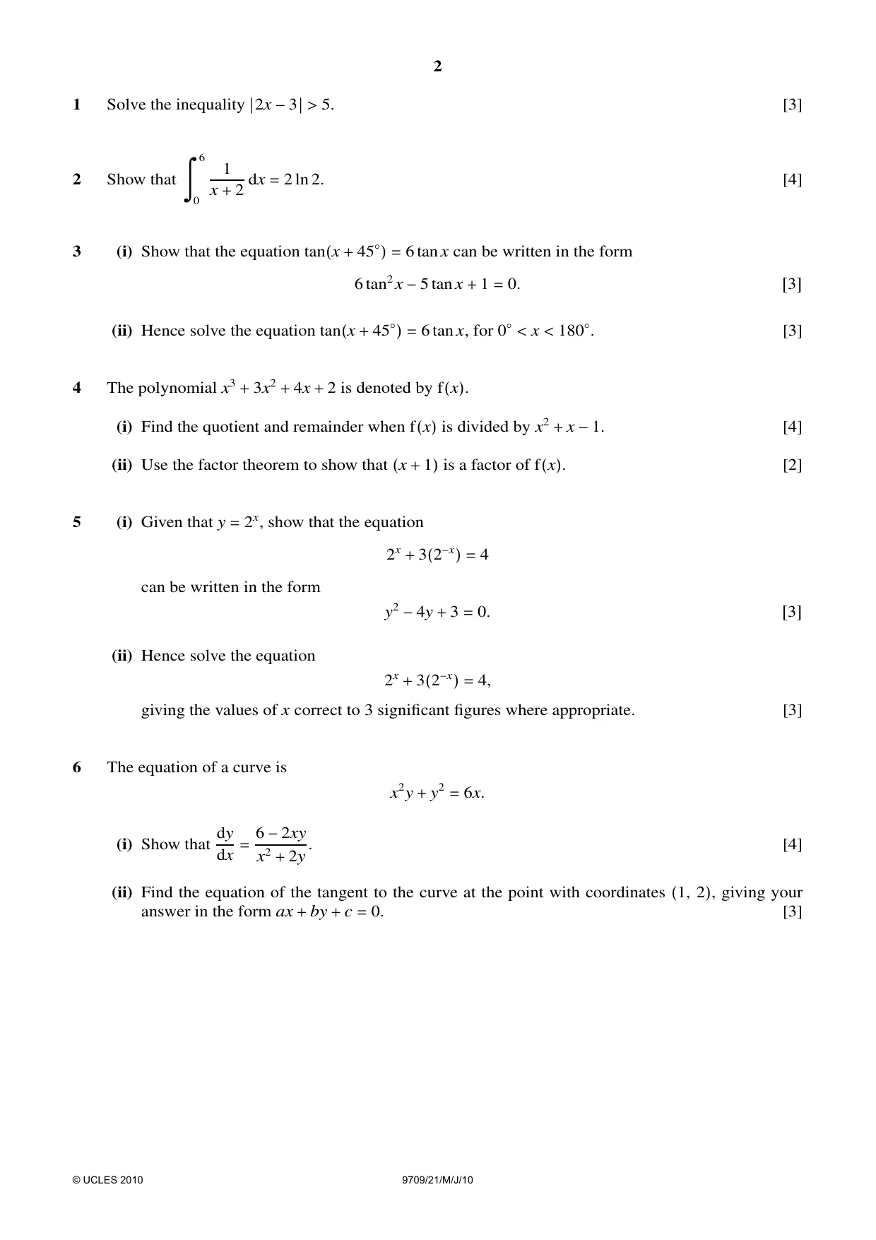 Cambridge A Level Mathematics 9709 2010 May/June Paper 2 · Variant 1 question paper, page 2 of 4