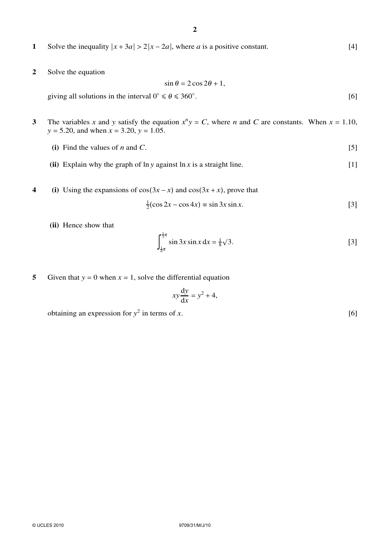 Cambridge A Level Mathematics 9709 2010 May/June Paper 3 · Variant 1 question paper, page 2 of 4