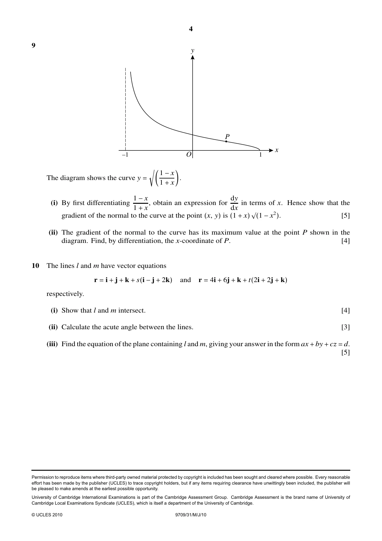 Cambridge A Level Mathematics 9709 2010 May/June Paper 3 · Variant 1 question paper, page 4 of 4