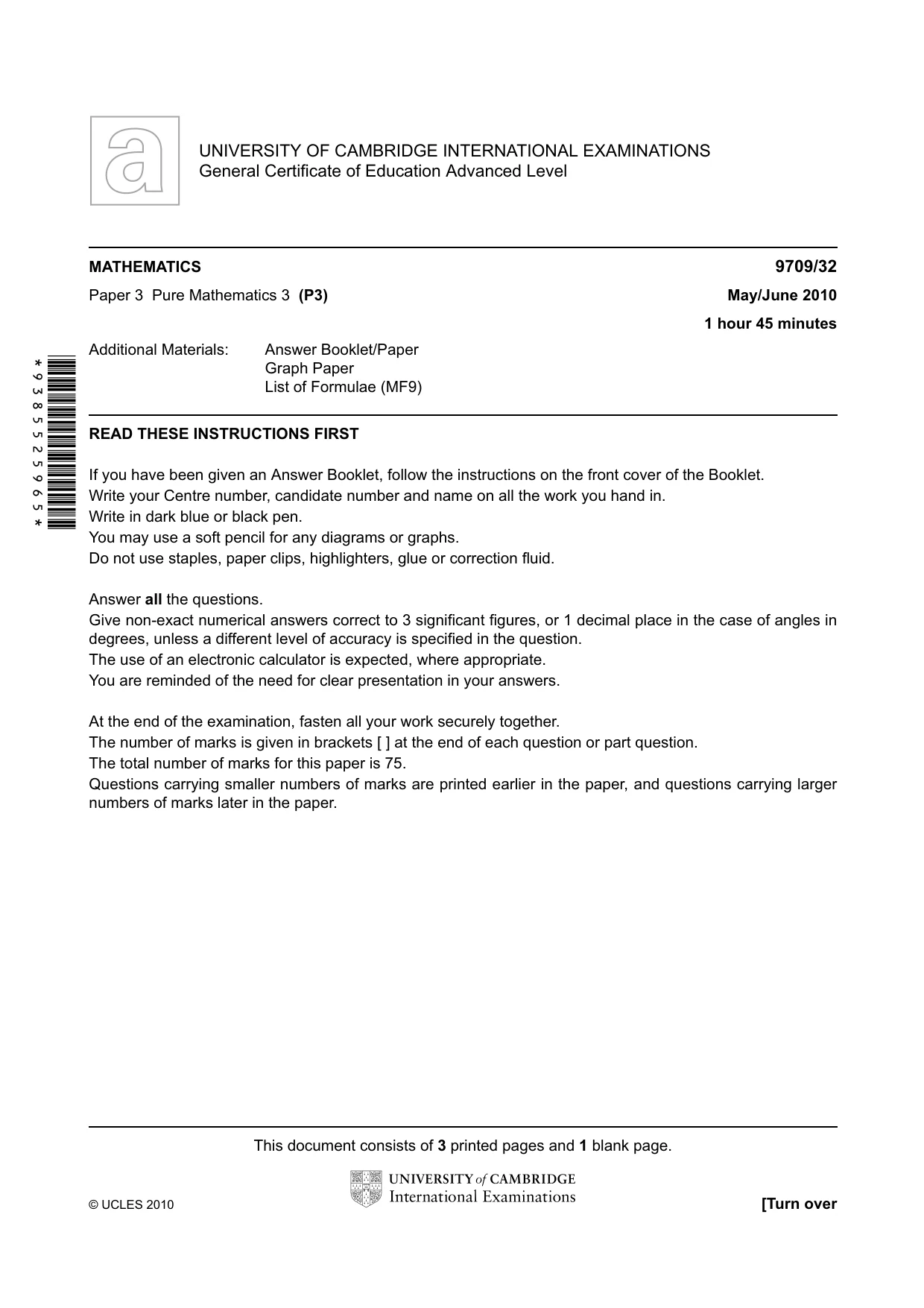 Cambridge A Level Mathematics 9709 2010 May/June Paper 3 · Variant 2 question paper, page 1 of 4