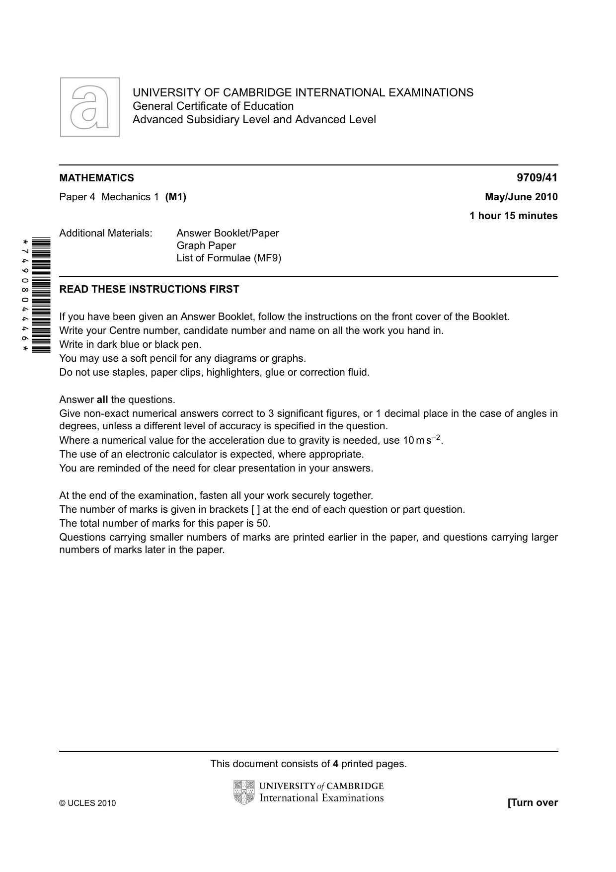 Cambridge A Level Mathematics 9709 2010 May/June Paper 4 · Variant 1 question paper, page 1 of 4