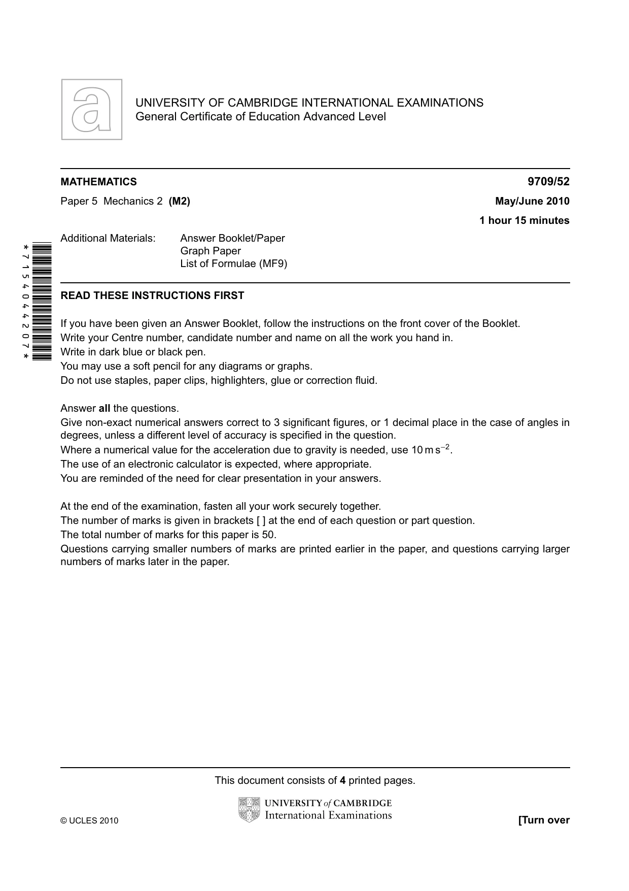 Cambridge A Level Mathematics 9709 2010 May/June Paper 5 · Variant 2 question paper, page 1 of 4