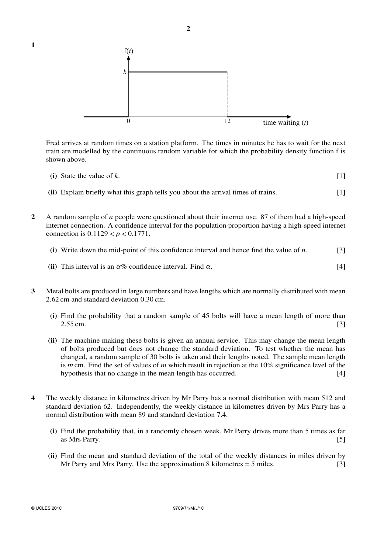 Cambridge A Level Mathematics 9709 2010 May/June Paper 7 · Variant 1 question paper, page 2 of 4