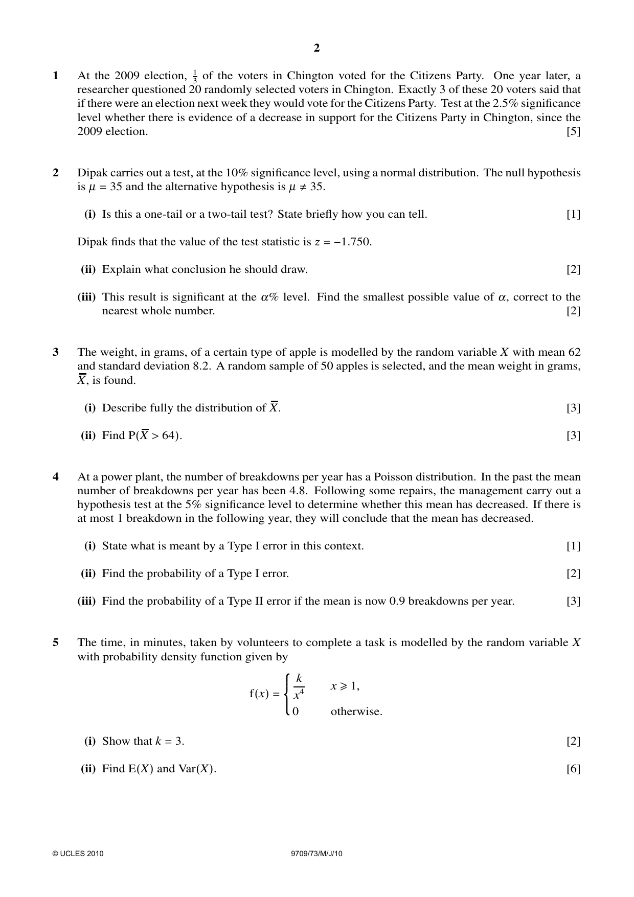 Cambridge A Level Mathematics 9709 2010 May/June Paper 7 · Variant 3 question paper, page 2 of 4