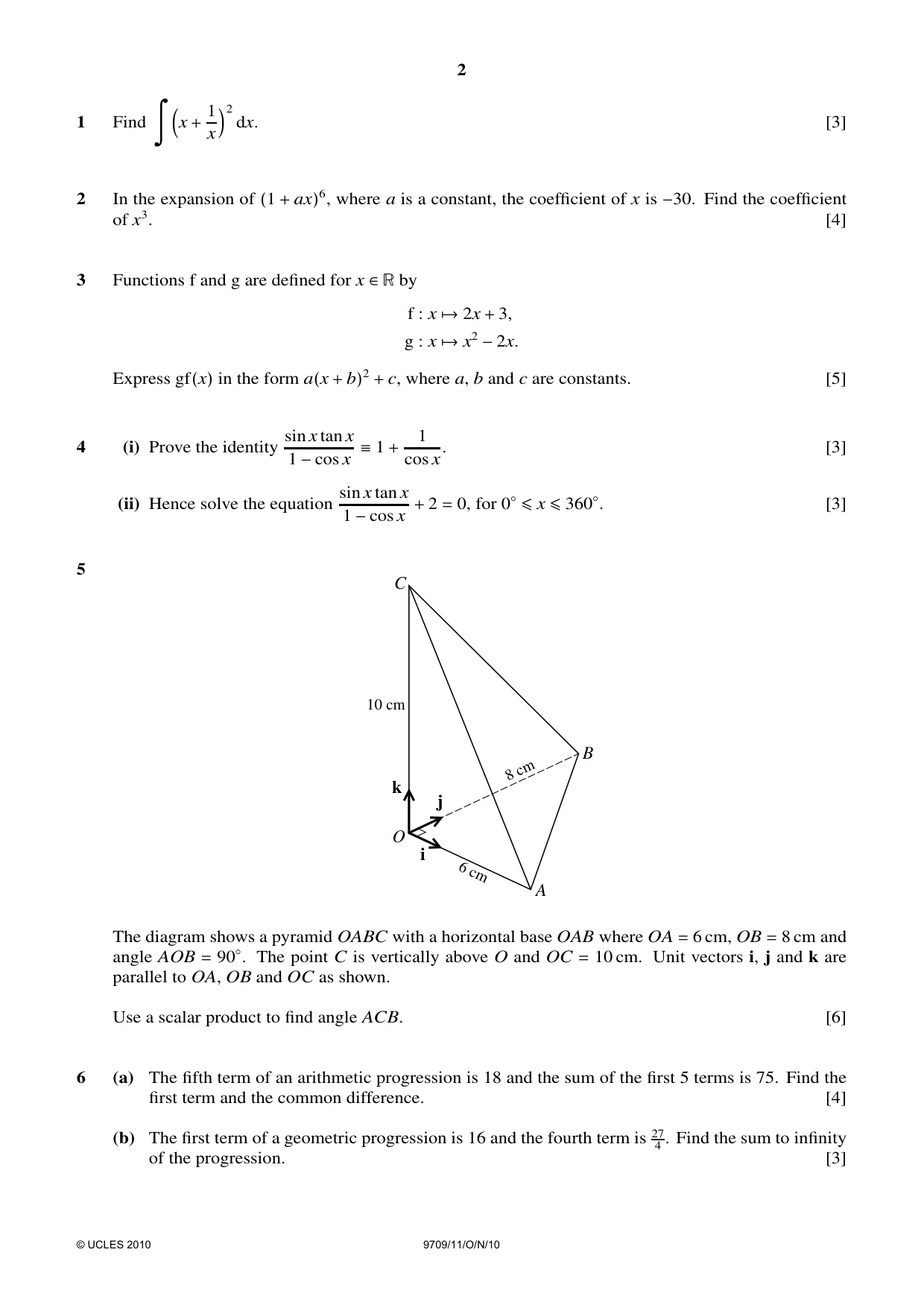 Cambridge A Level Mathematics 9709 2010 Oct/Nov Paper 1 · Variant 1 question paper, page 2 of 4