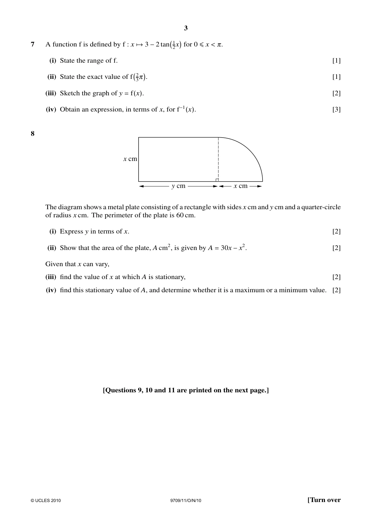Cambridge A Level Mathematics 9709 2010 Oct/Nov Paper 1 · Variant 1 question paper, page 3 of 4