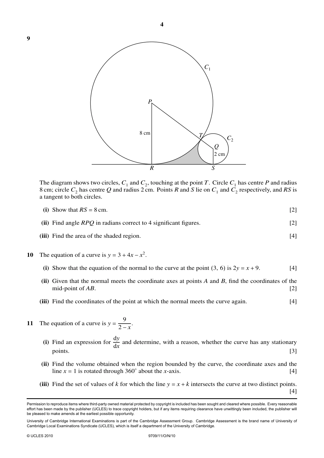 Cambridge A Level Mathematics 9709 2010 Oct/Nov Paper 1 · Variant 1 question paper, page 4 of 4